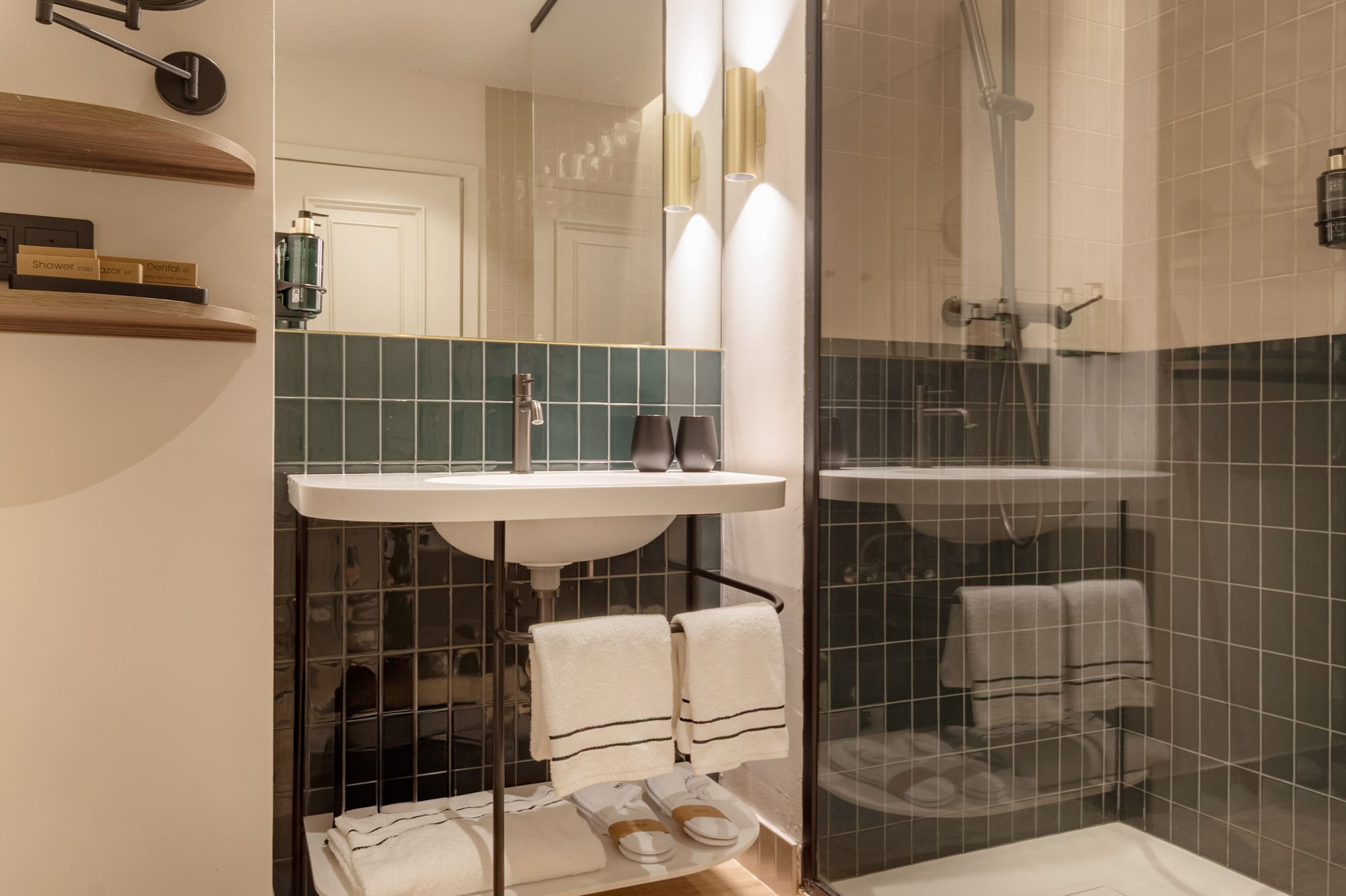 a bathroom with a shower and sink