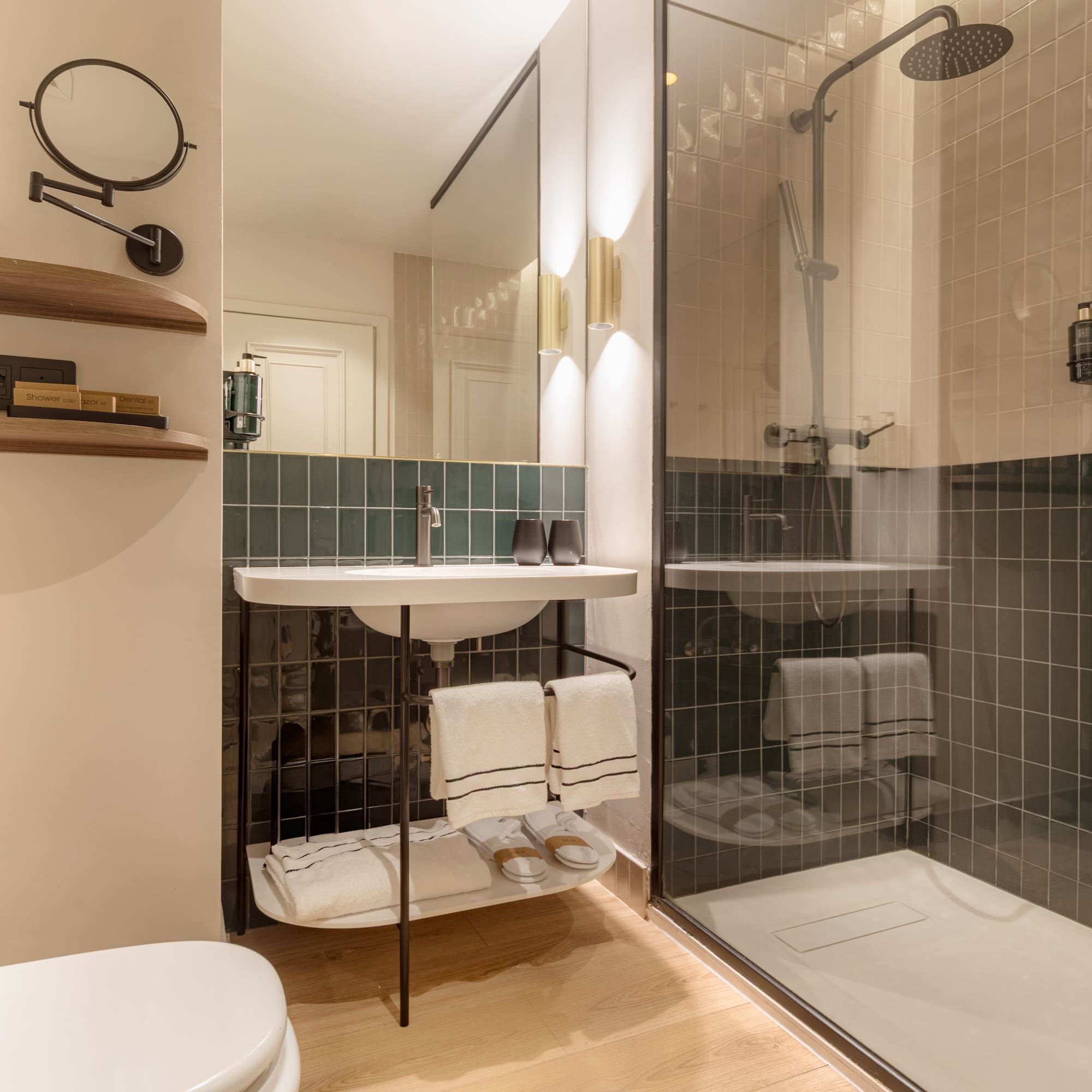 a bathroom with a shower and sink