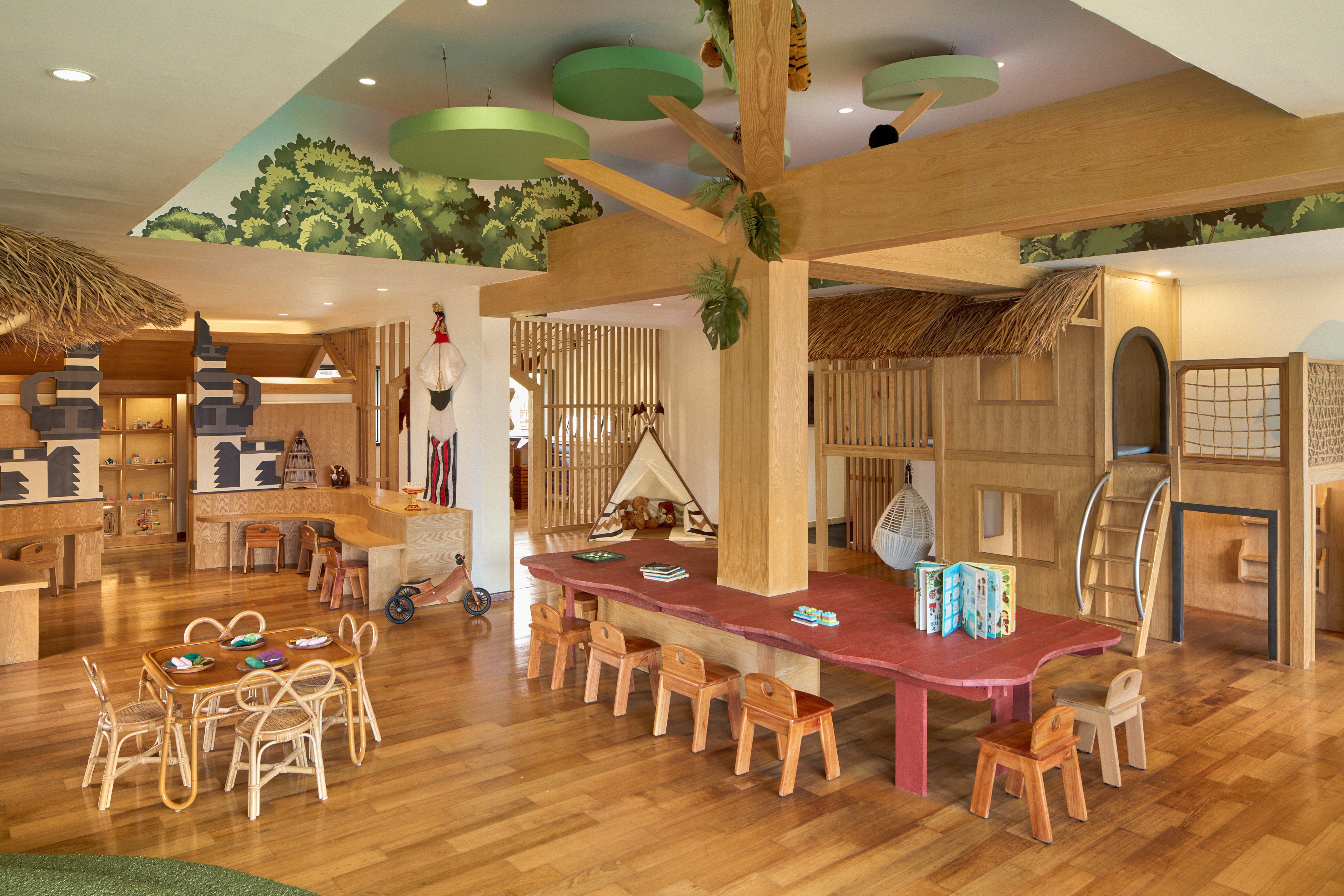 a room with a table and chairs