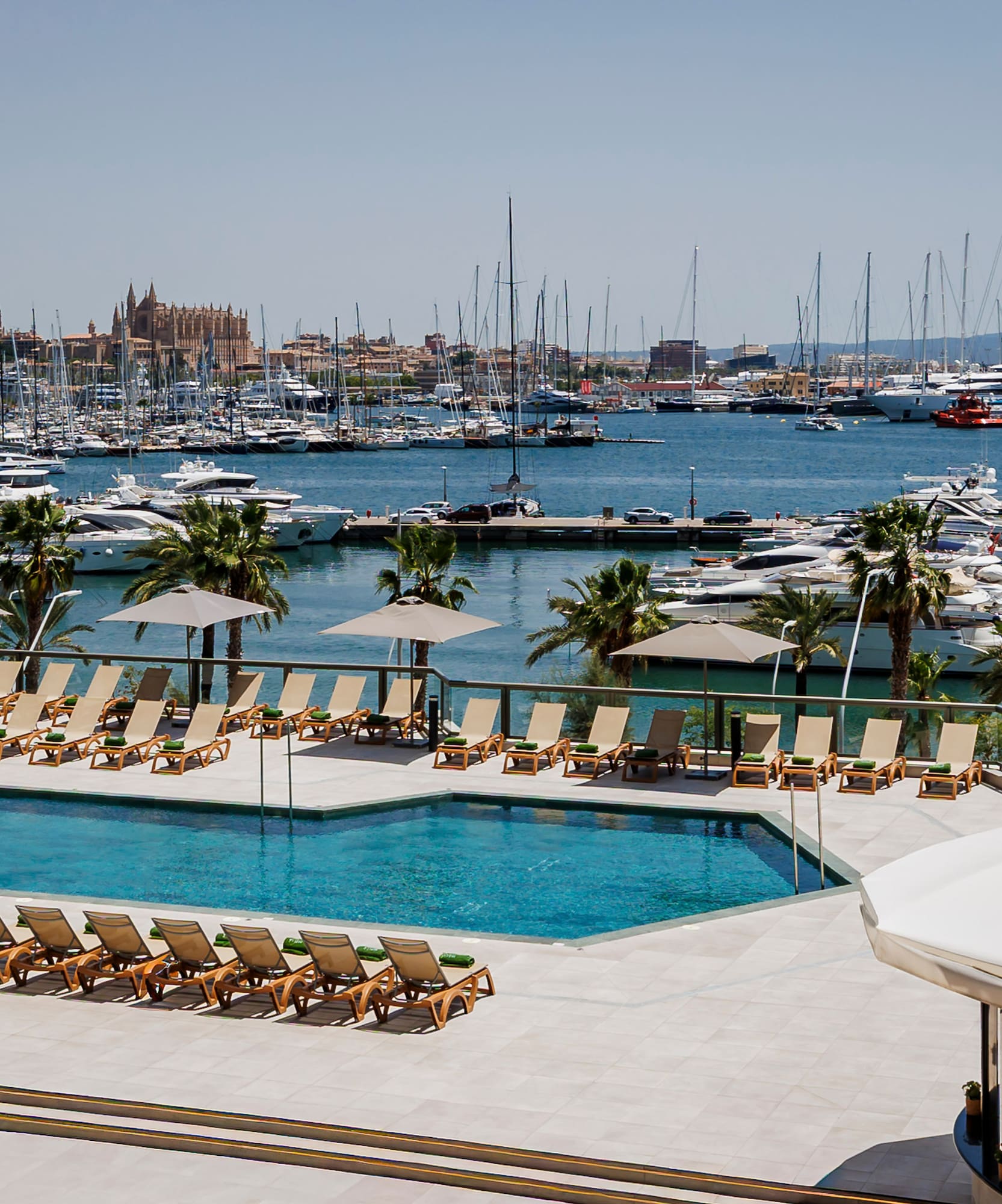 Piscina con vistas al puerto de Palma, yates y Catedral de Mallorca.