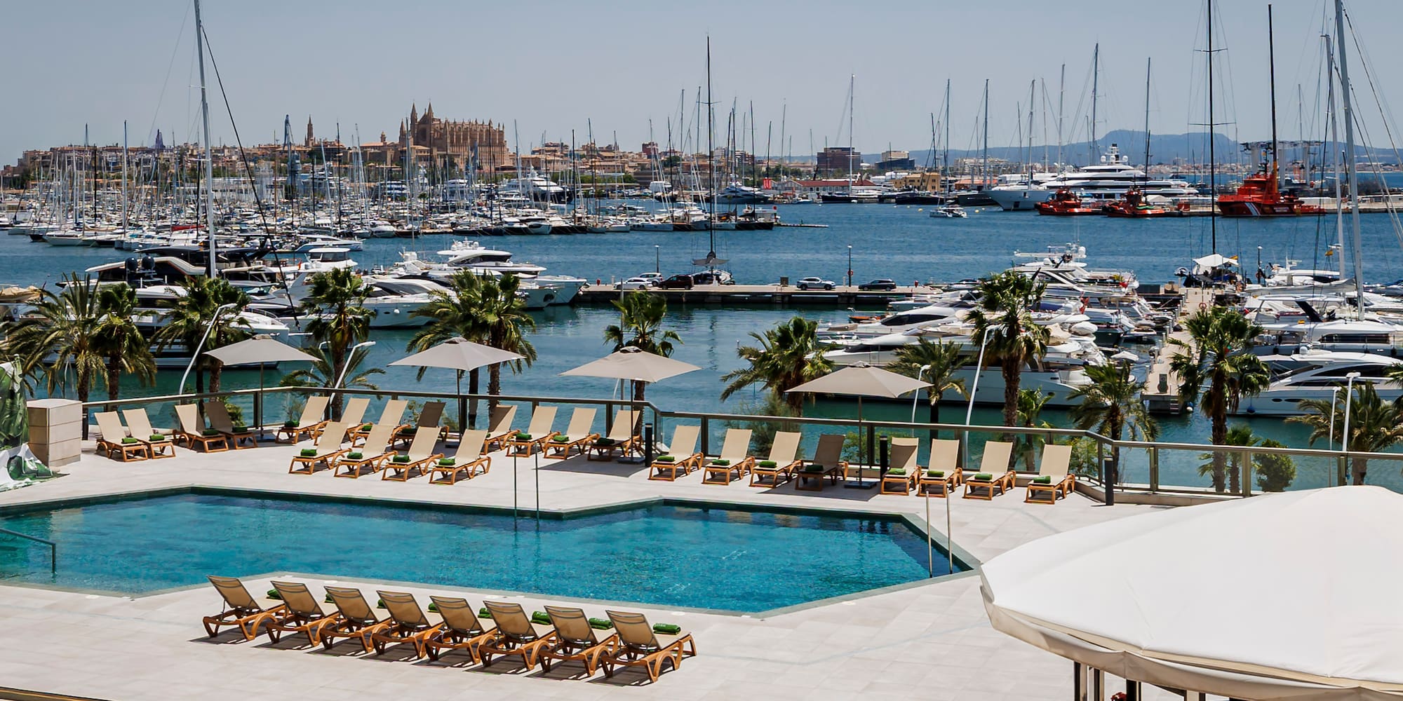 Palma hotel pool overlooking marina, yachts, and cathedral.