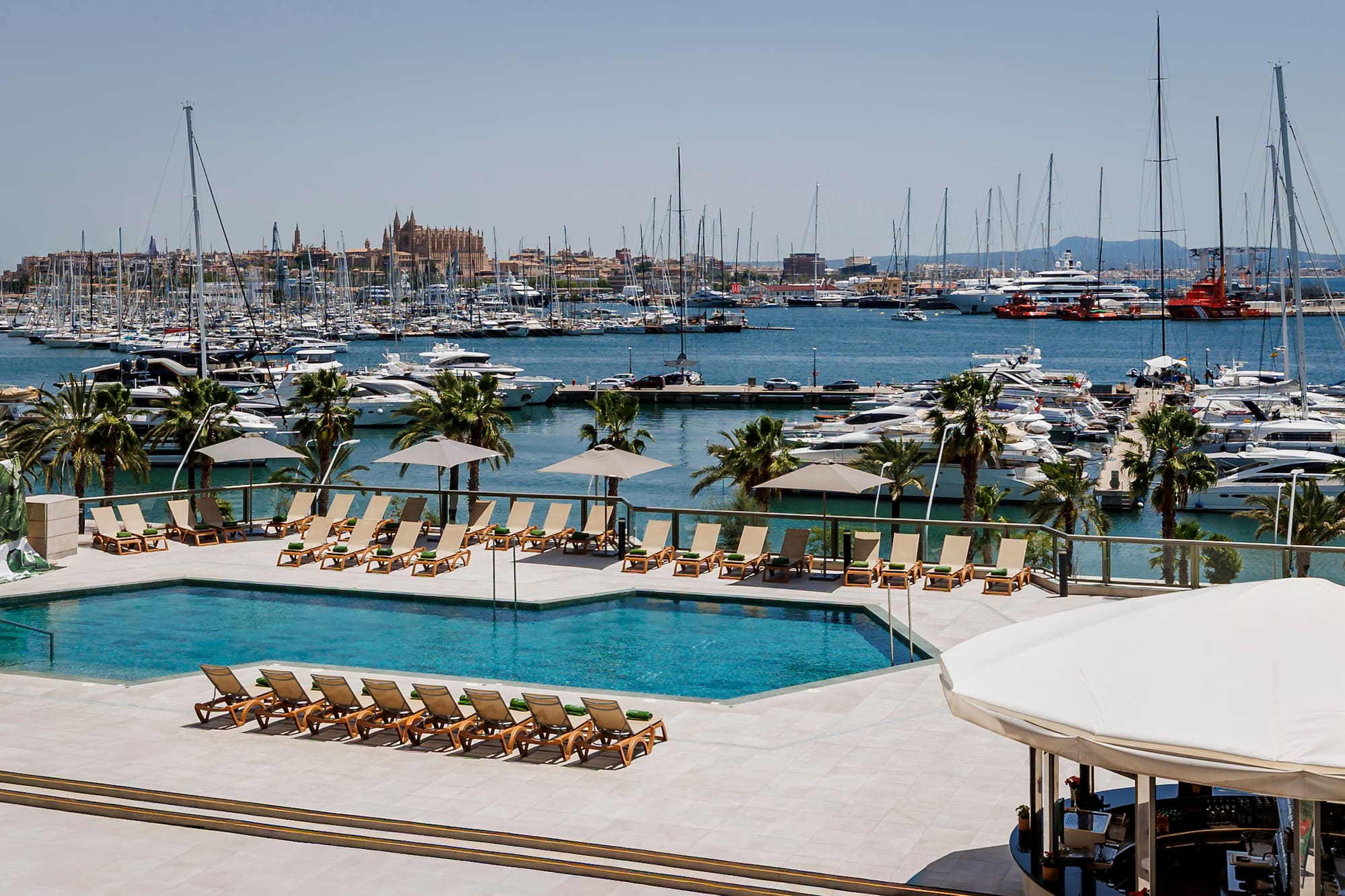Palma hotel pool overlooking marina, yachts, and cathedral.