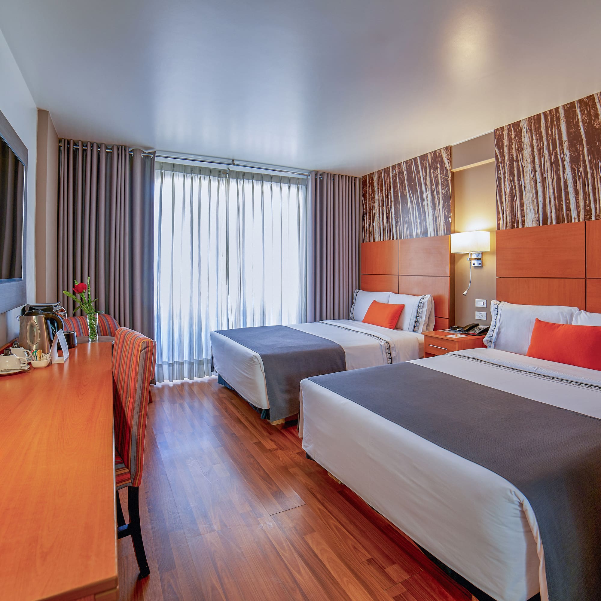 a room with two beds and a tv