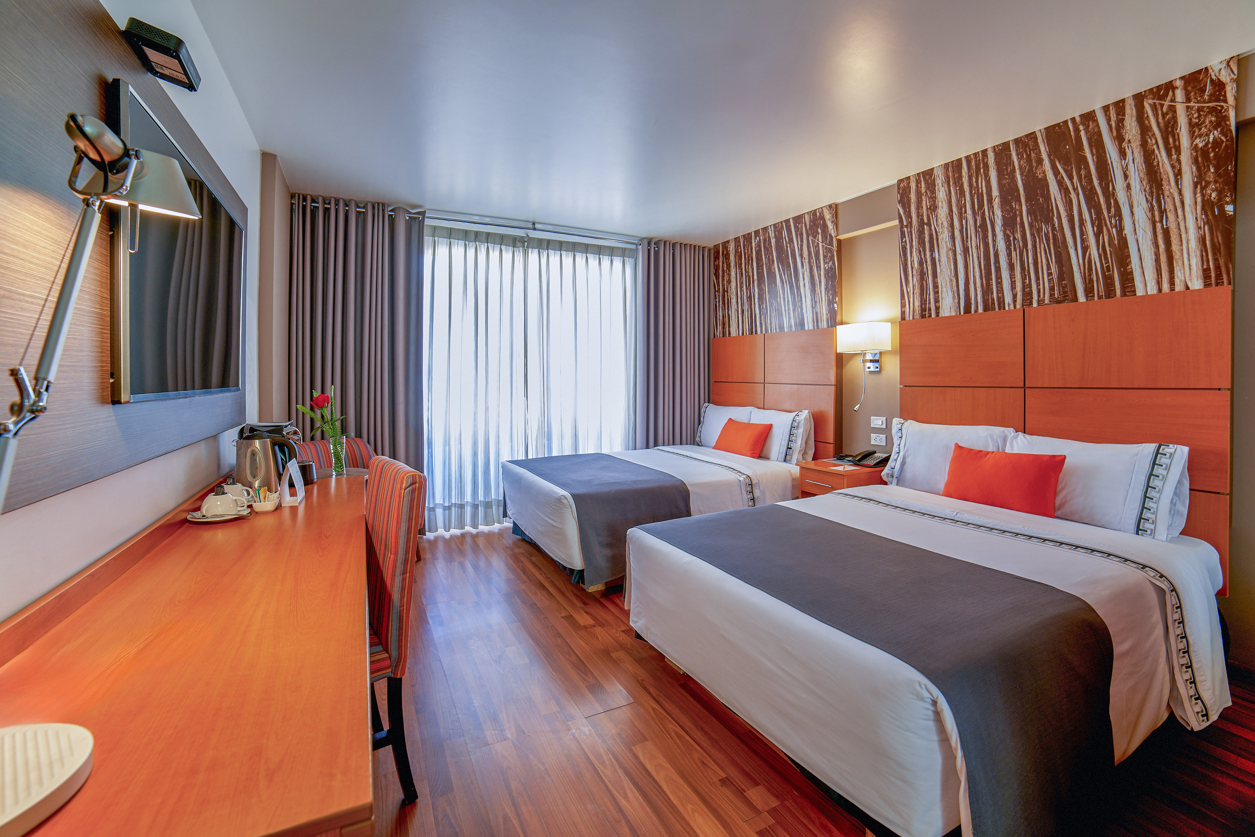 a room with two beds and a tv