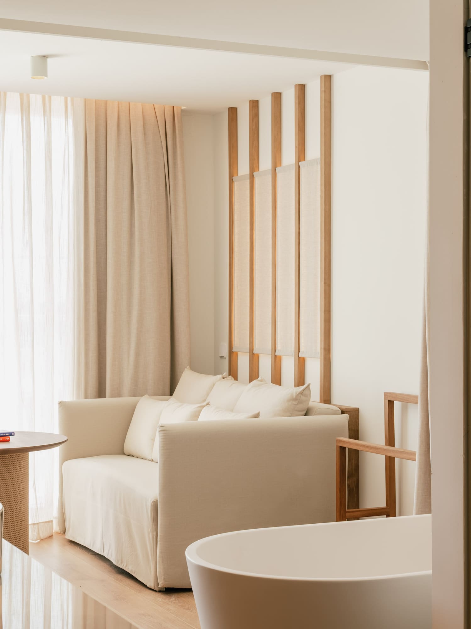 a room with a couch and bathtub