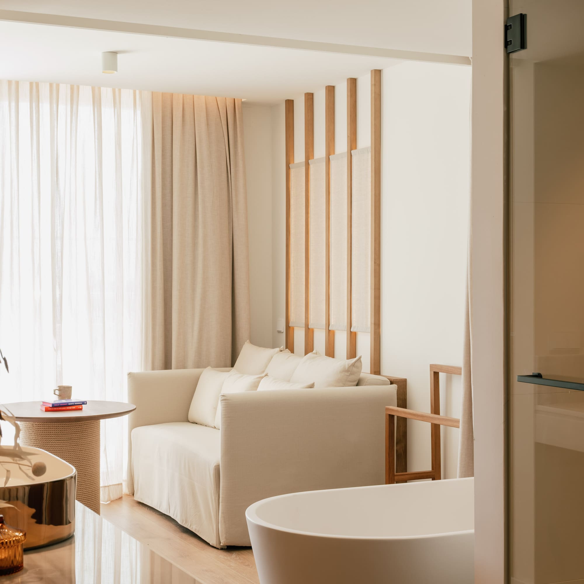 a room with a couch and bathtub