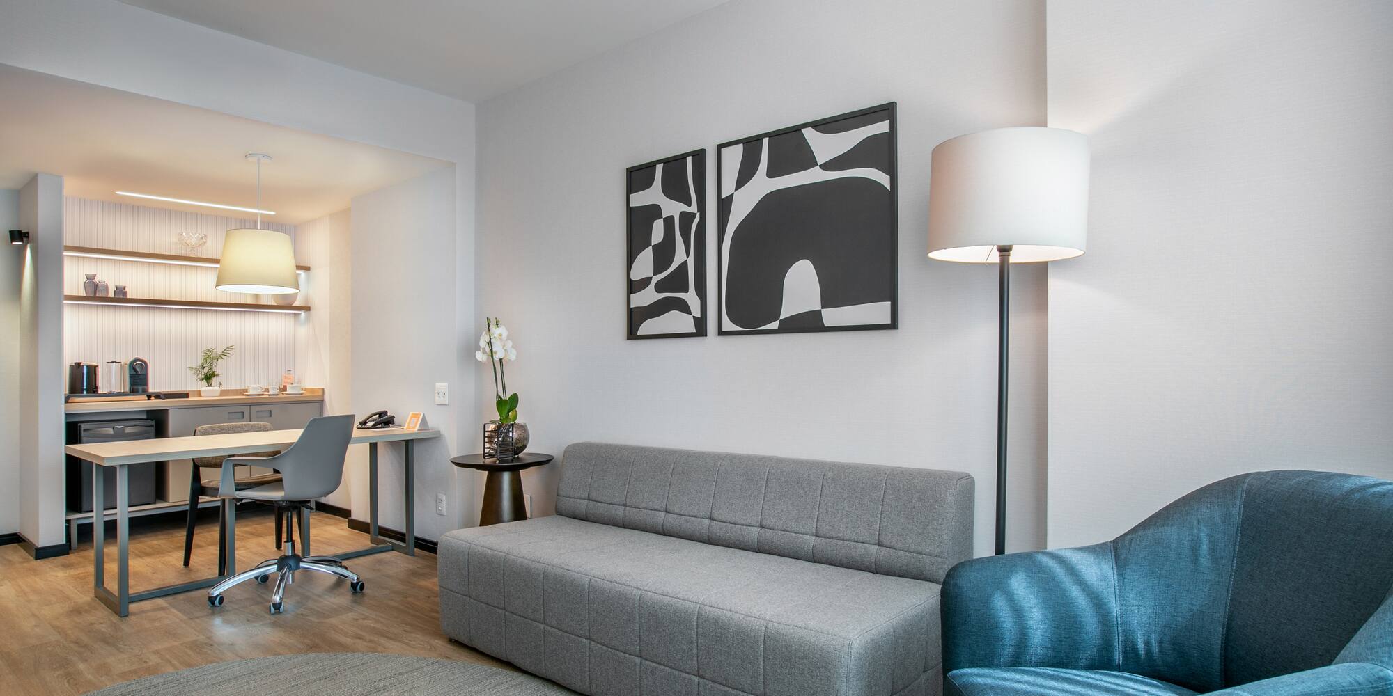 a living room with a couch and a table