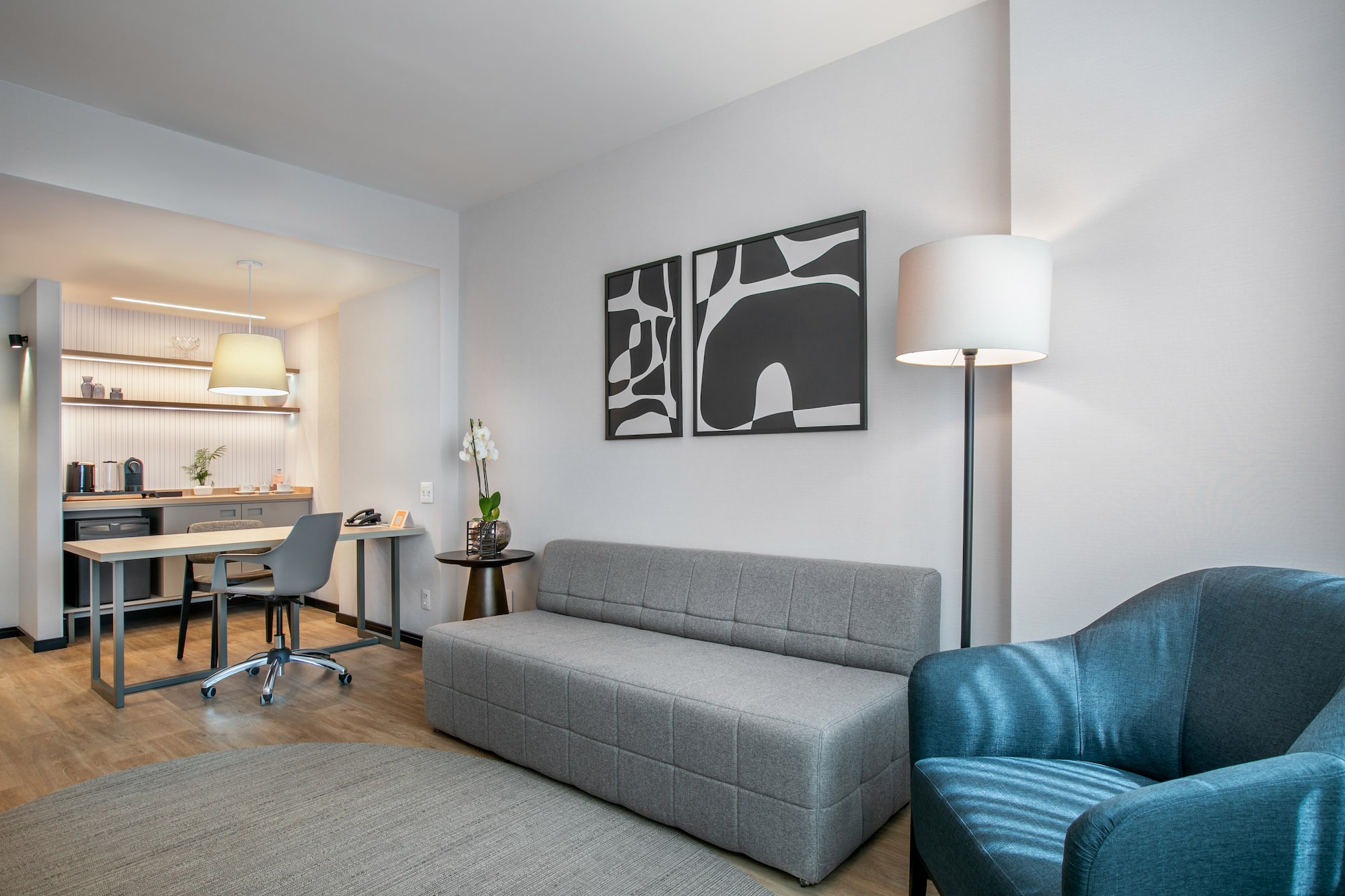 a living room with a couch and a table