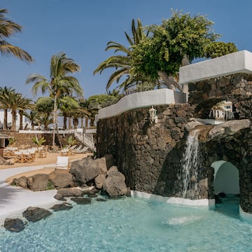 a pool with a waterfall and palm trees