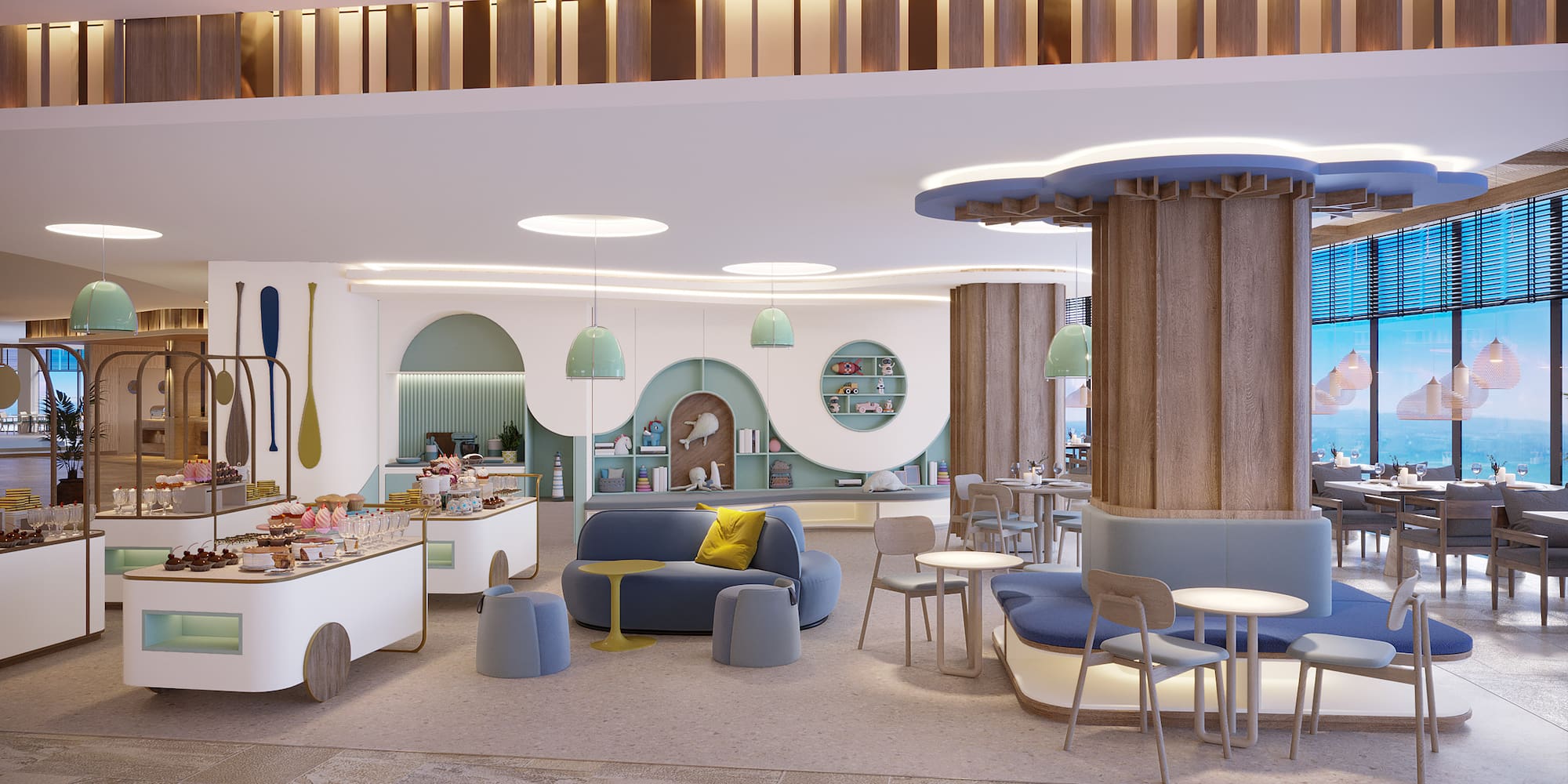 a room with a large table and chairs