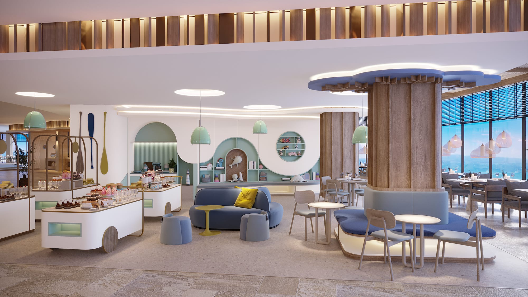 a room with a large table and chairs