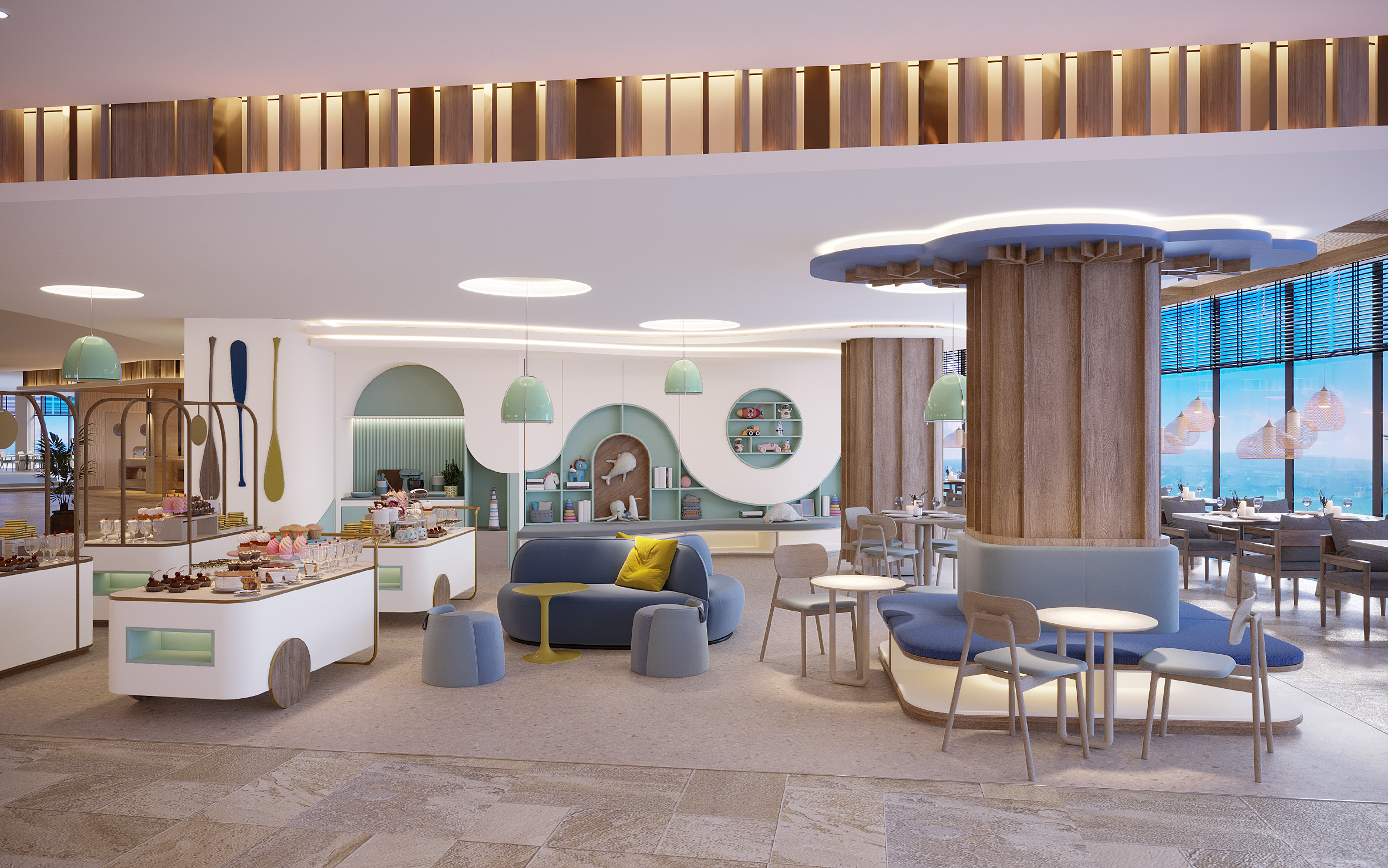 Family hotel lounge with dessert buffet, kids play area, and ocean views.