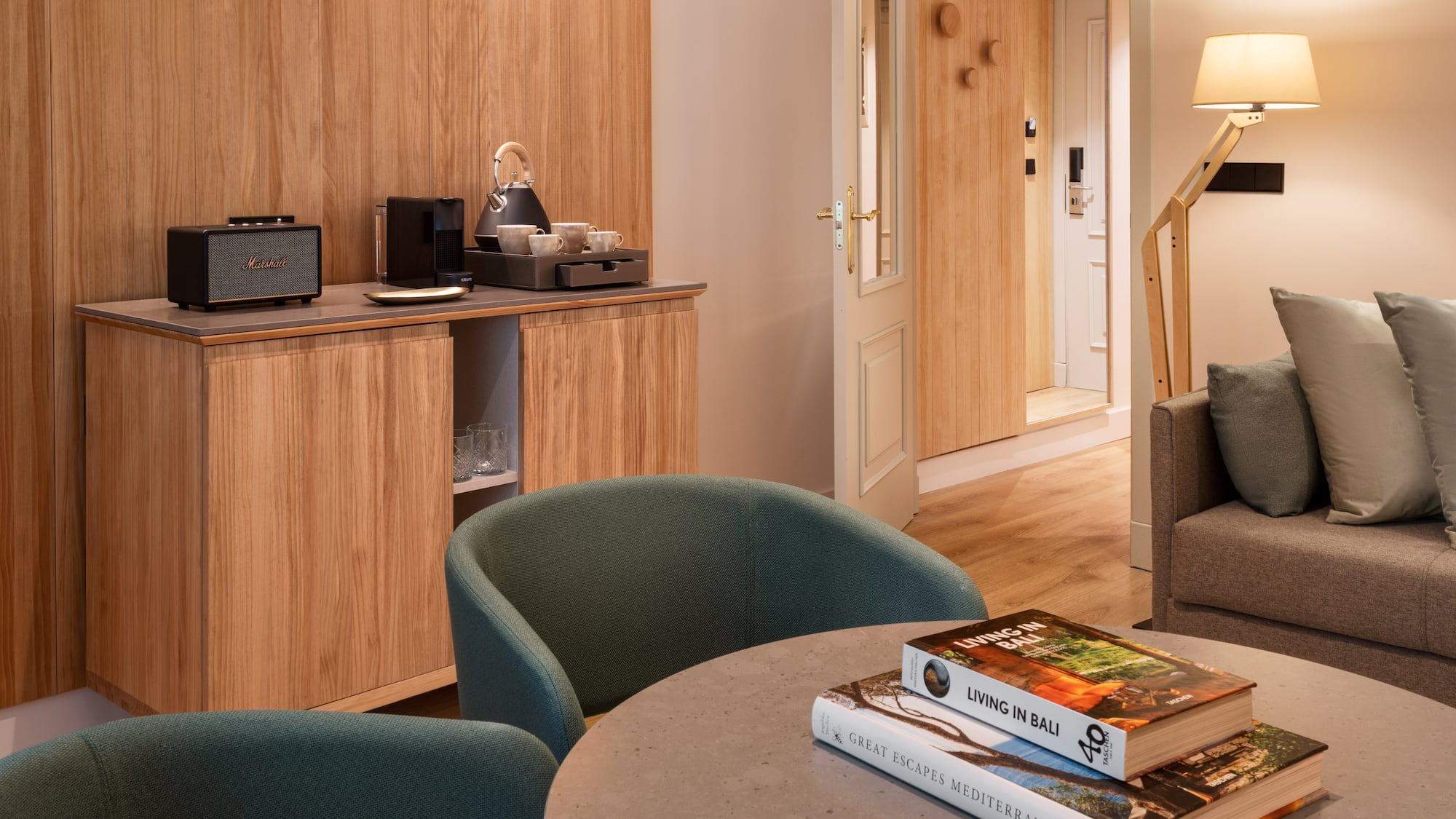 a room with a table and chairs