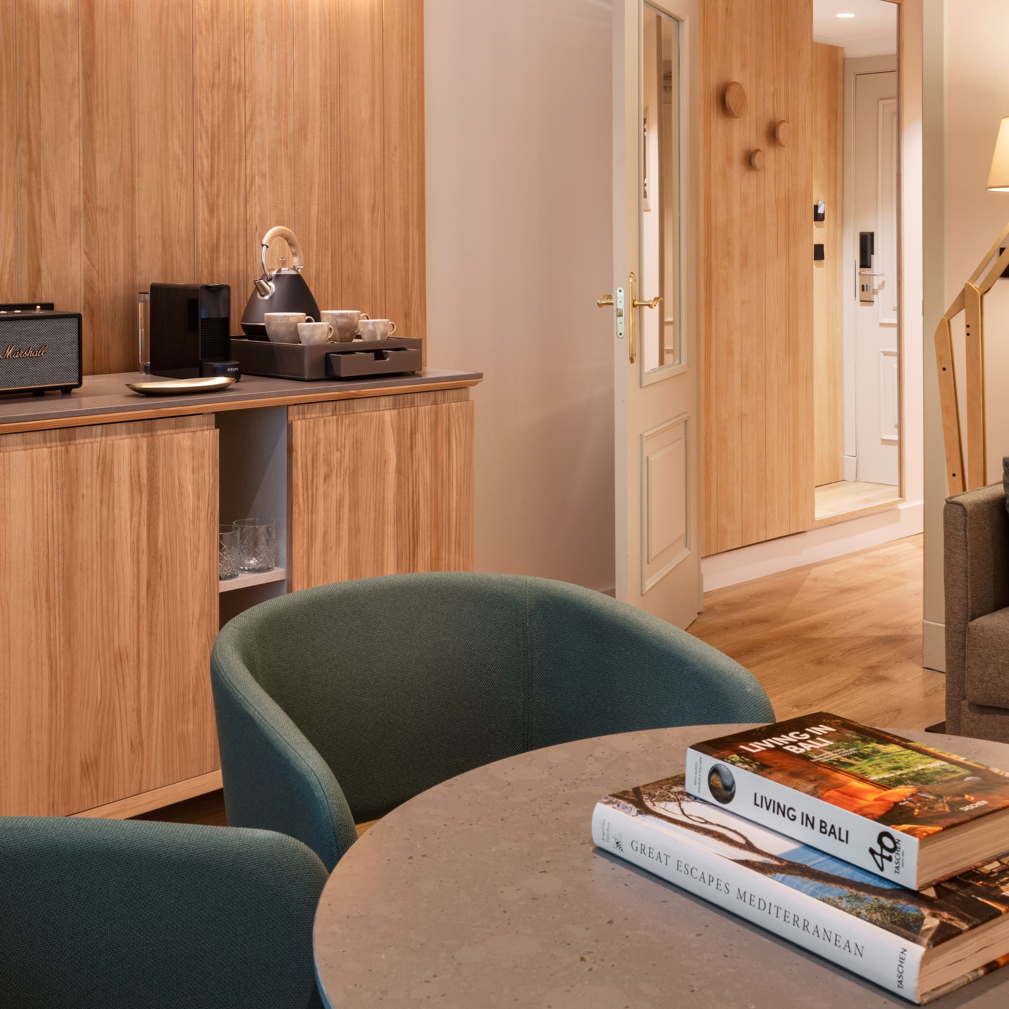 a room with a table and chairs