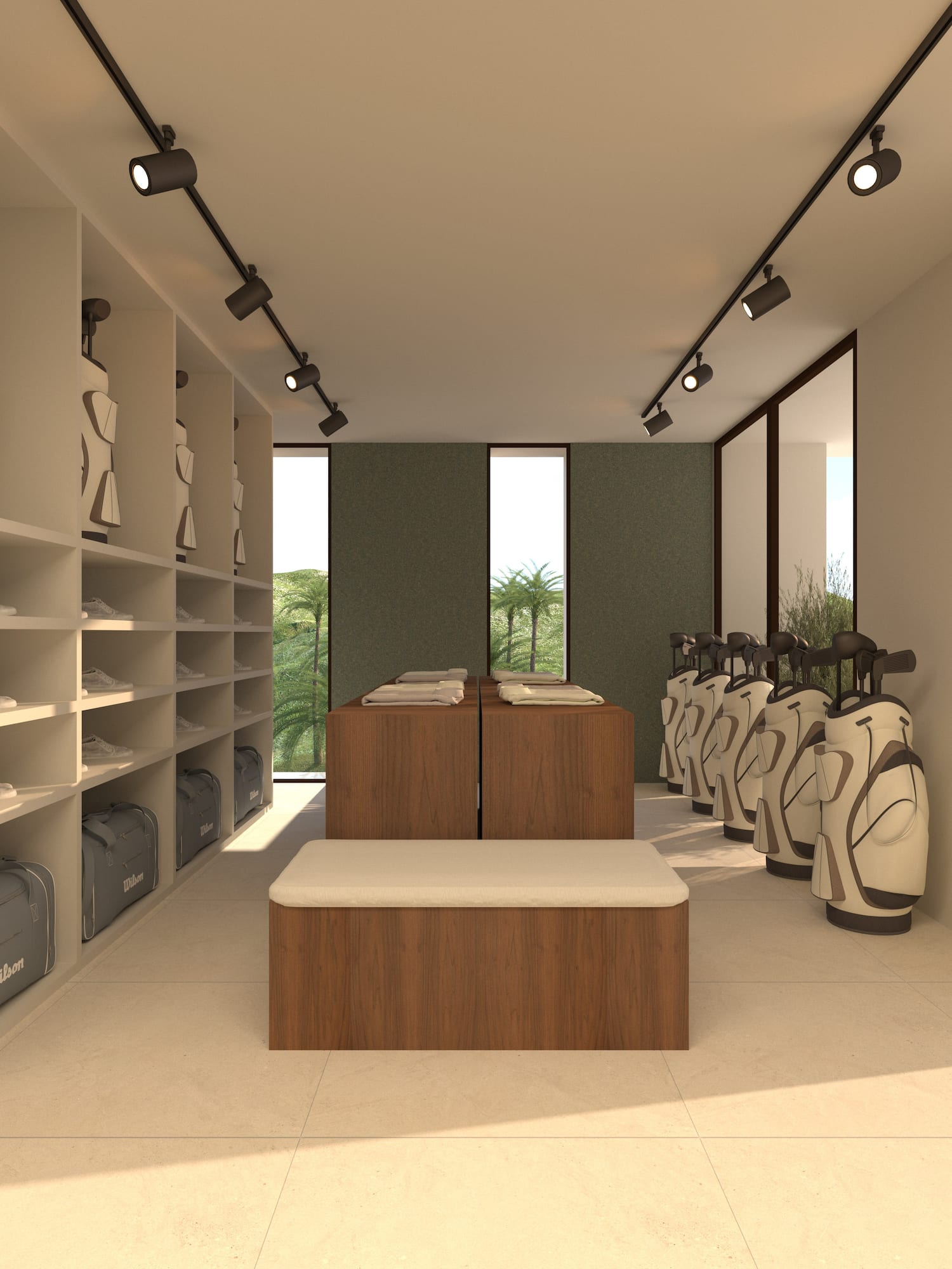 Tienda de golf con bolsas, estantes y bancos de madera iluminada. - Golf - Hotel Golf Santa Ponsa Meliá Collection, Mallorca