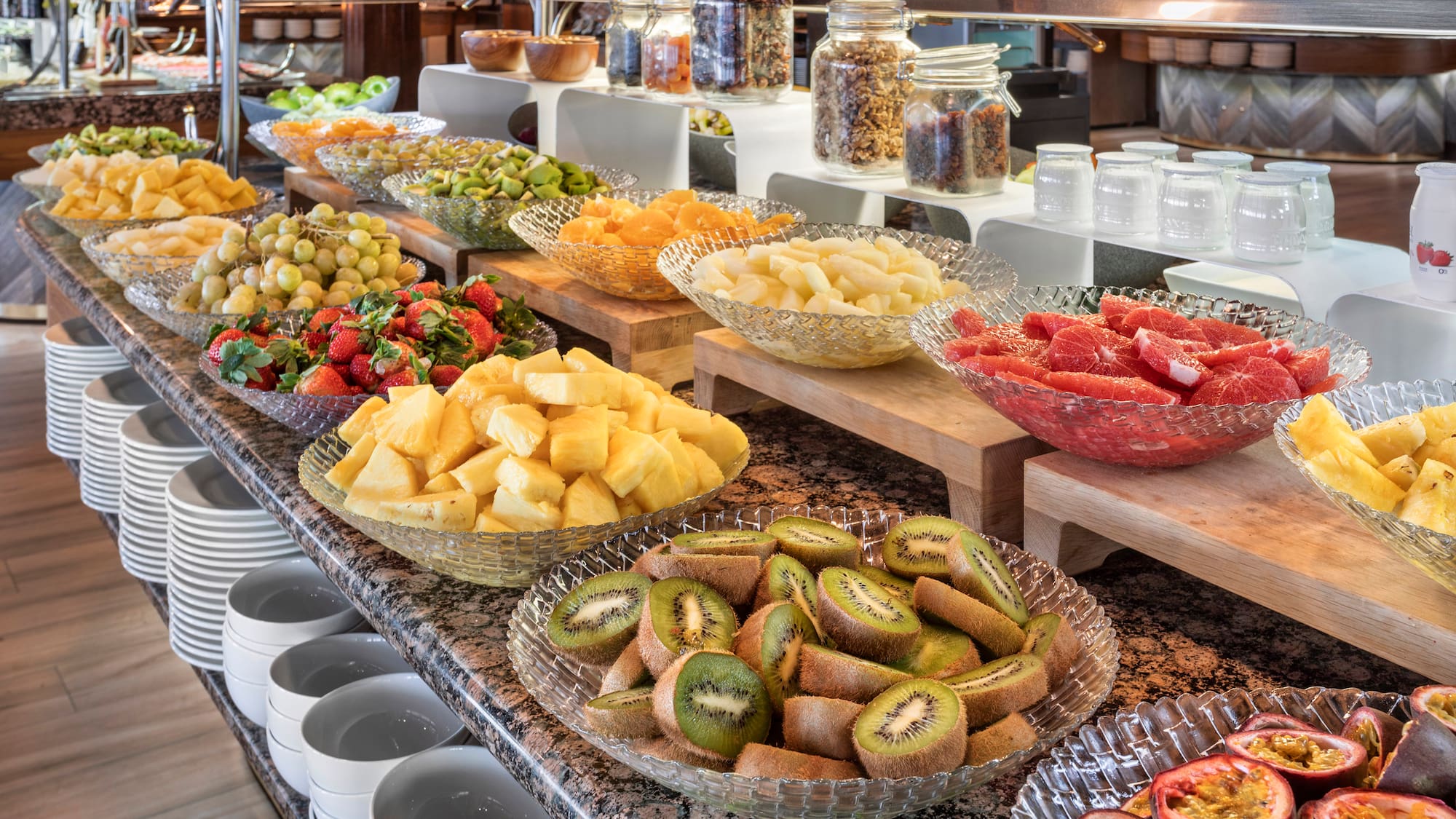 a buffet with different types of fruits