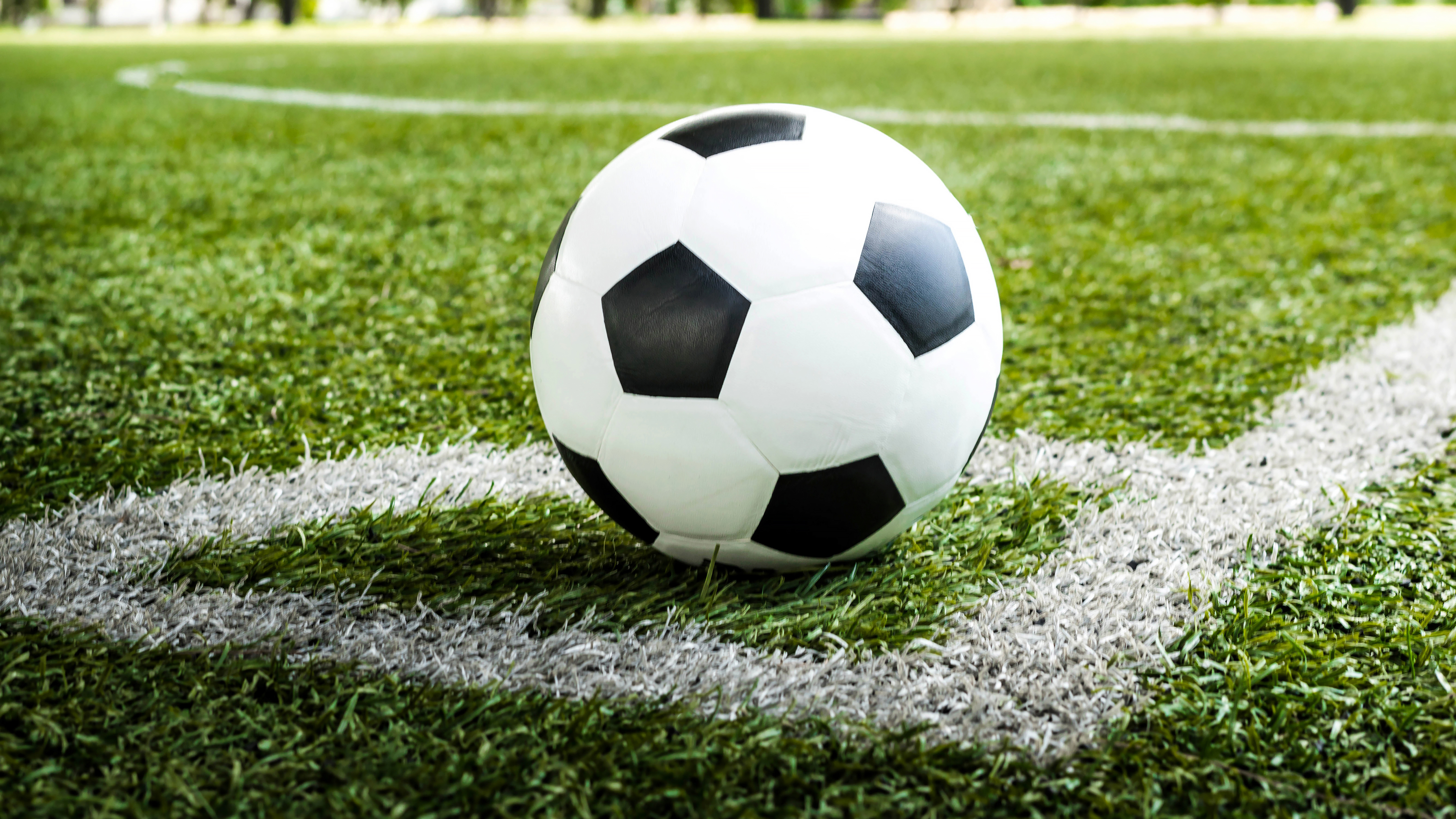 Black and white soccer ball on a green football field, near the white line.
