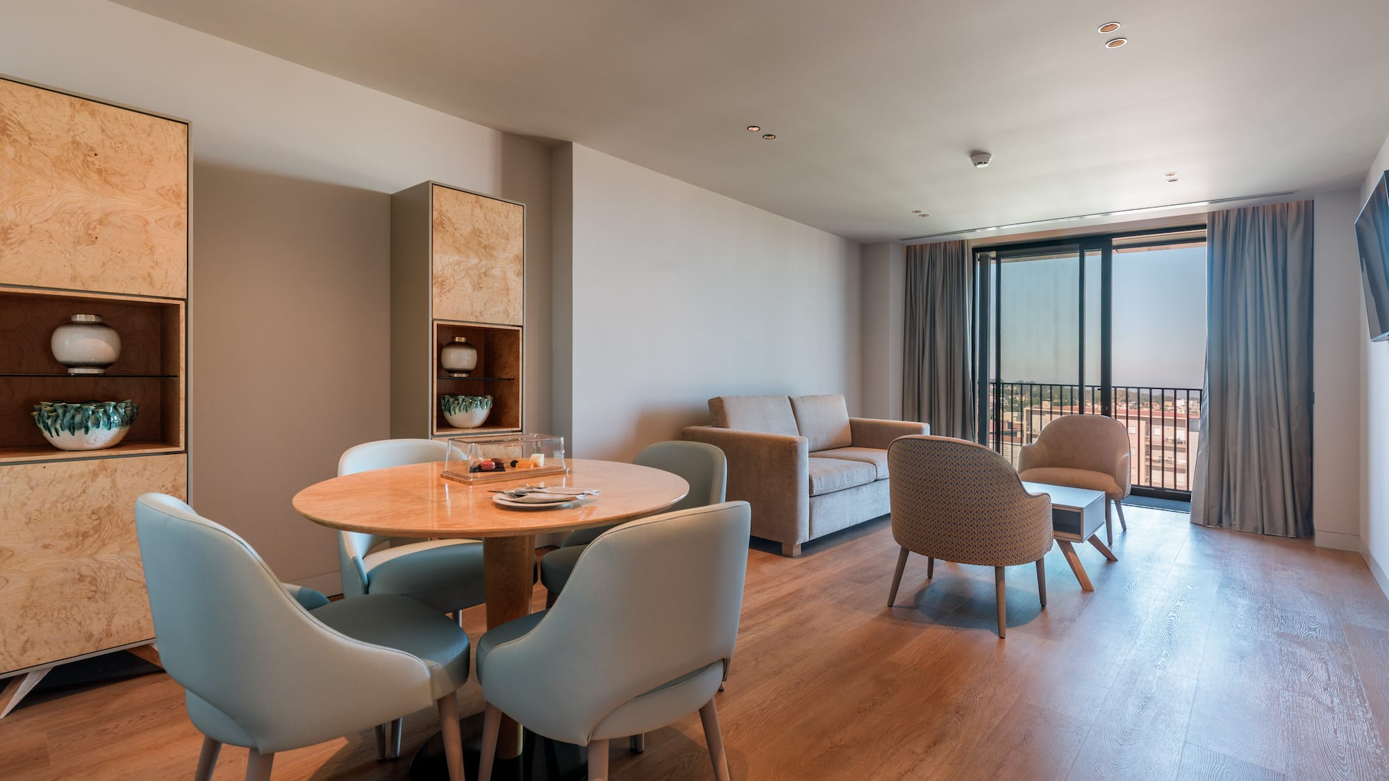 a room with a table and chairs