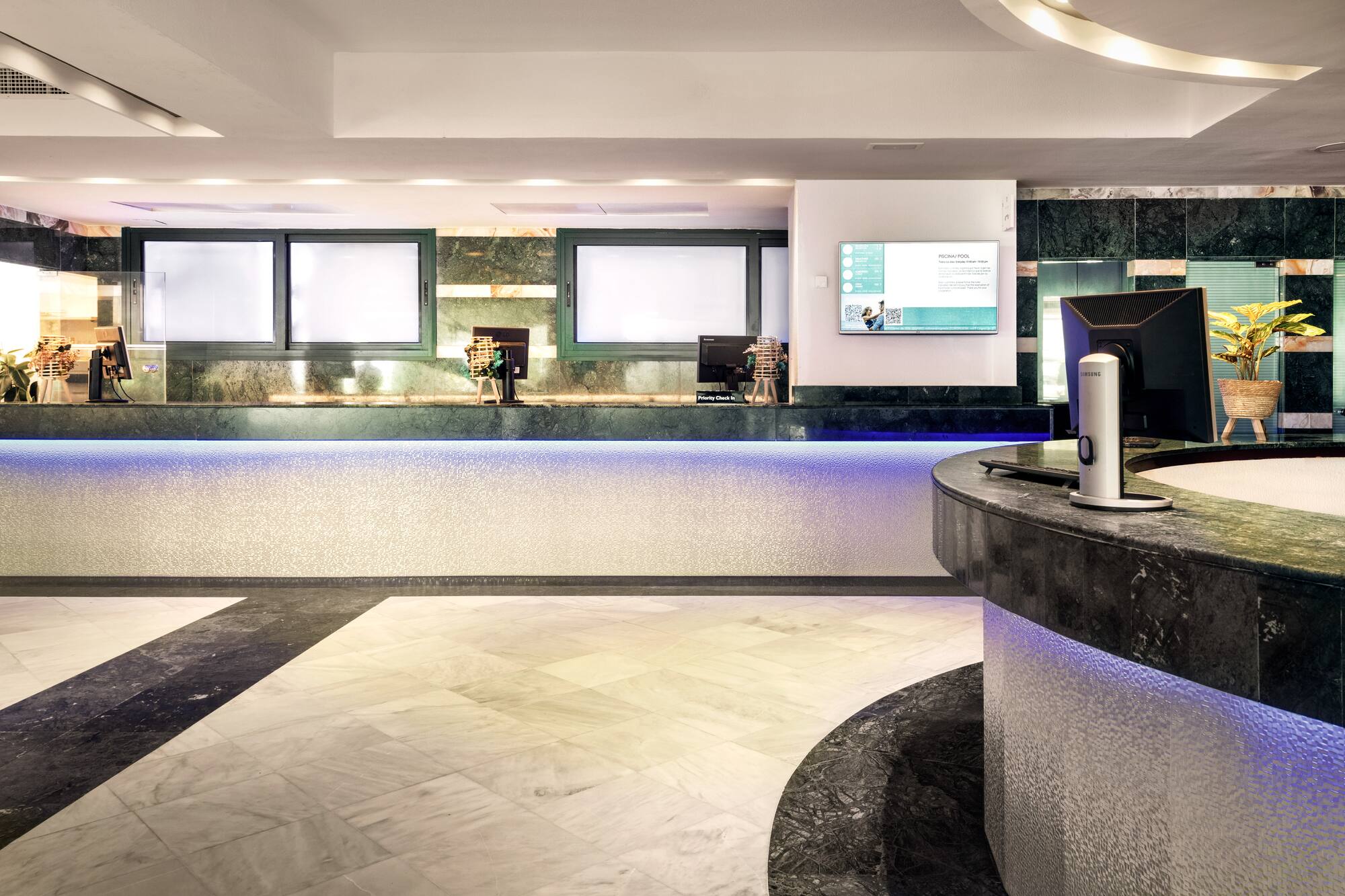 a reception desk in a building