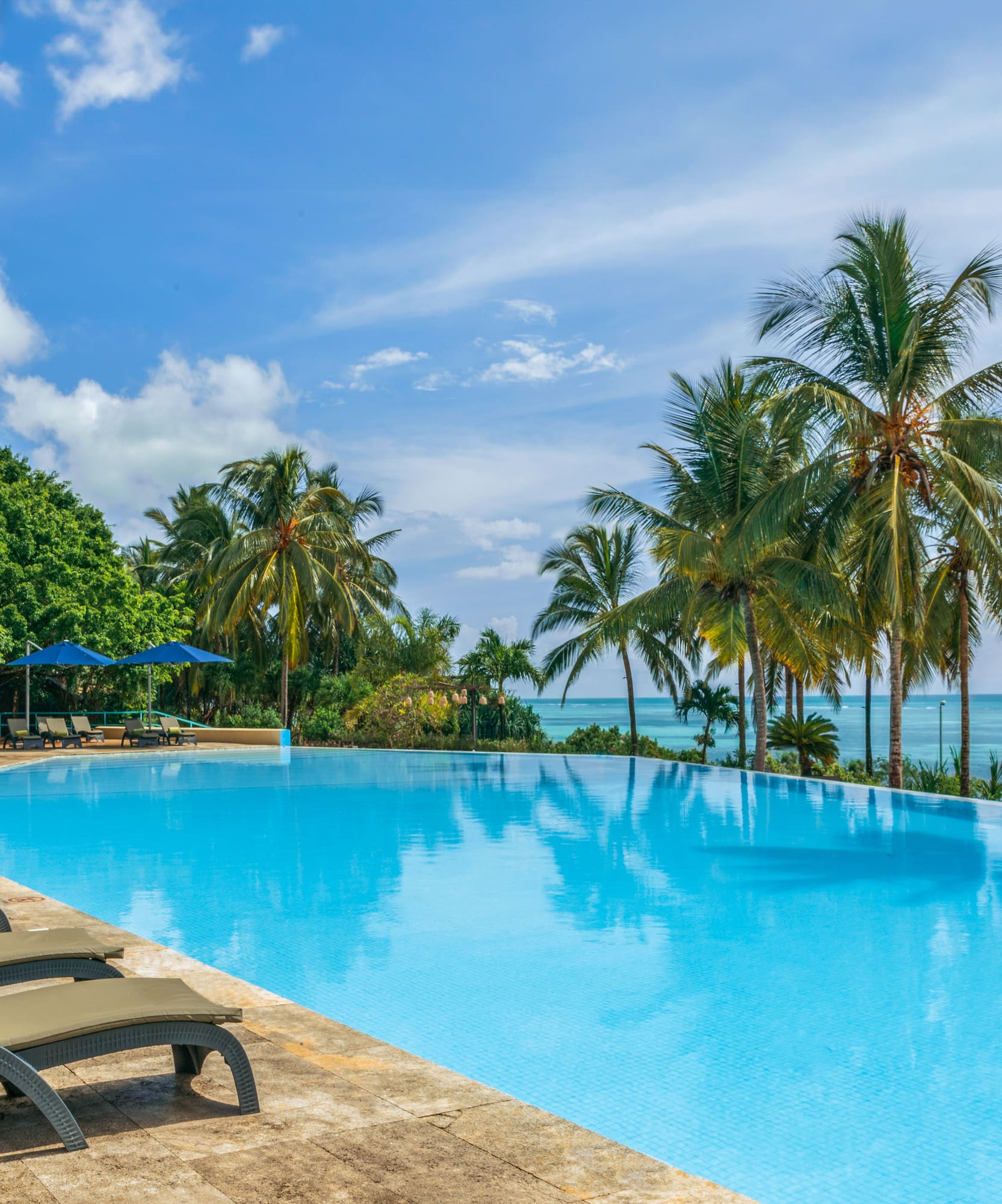 a pool with lounge chairs and palm trees