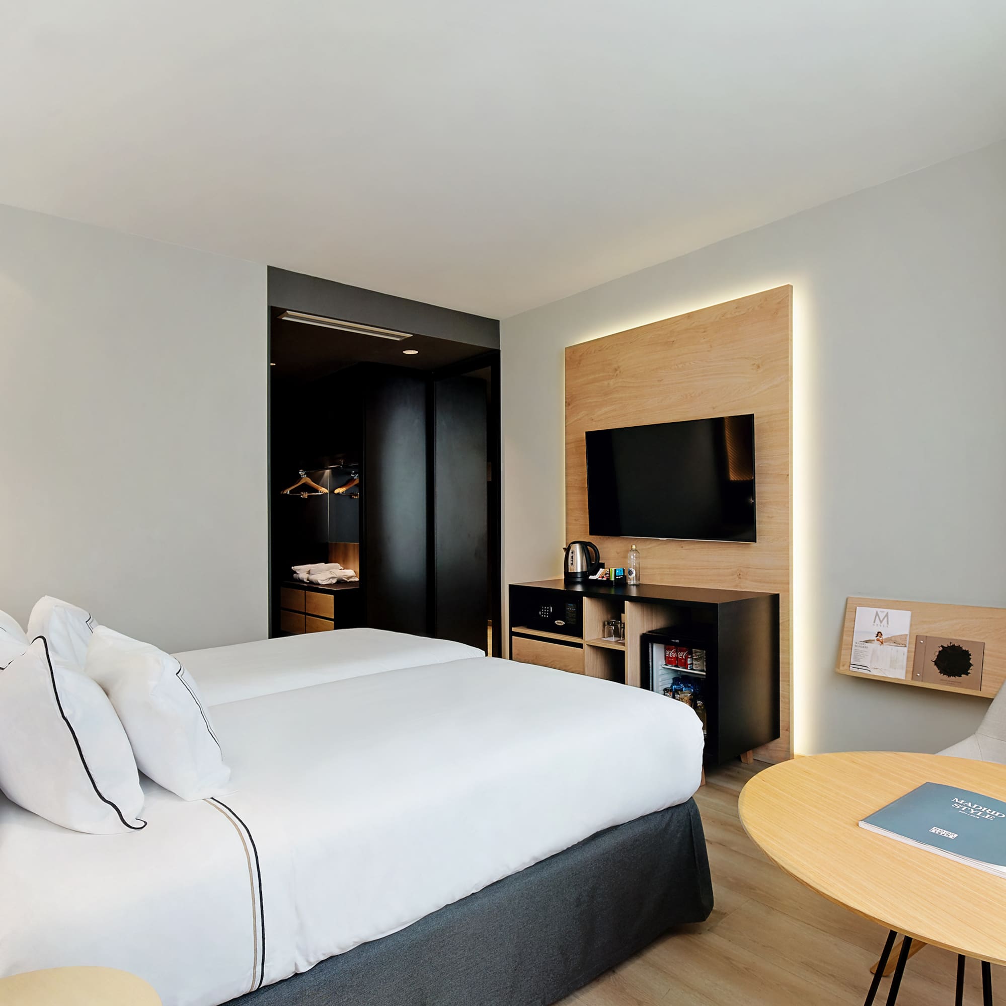 a room with a bed and a table