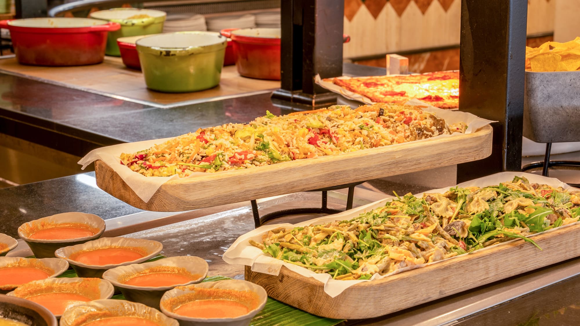 food on a trays with sauces