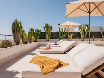 a lounge chairs and umbrellas on a patio