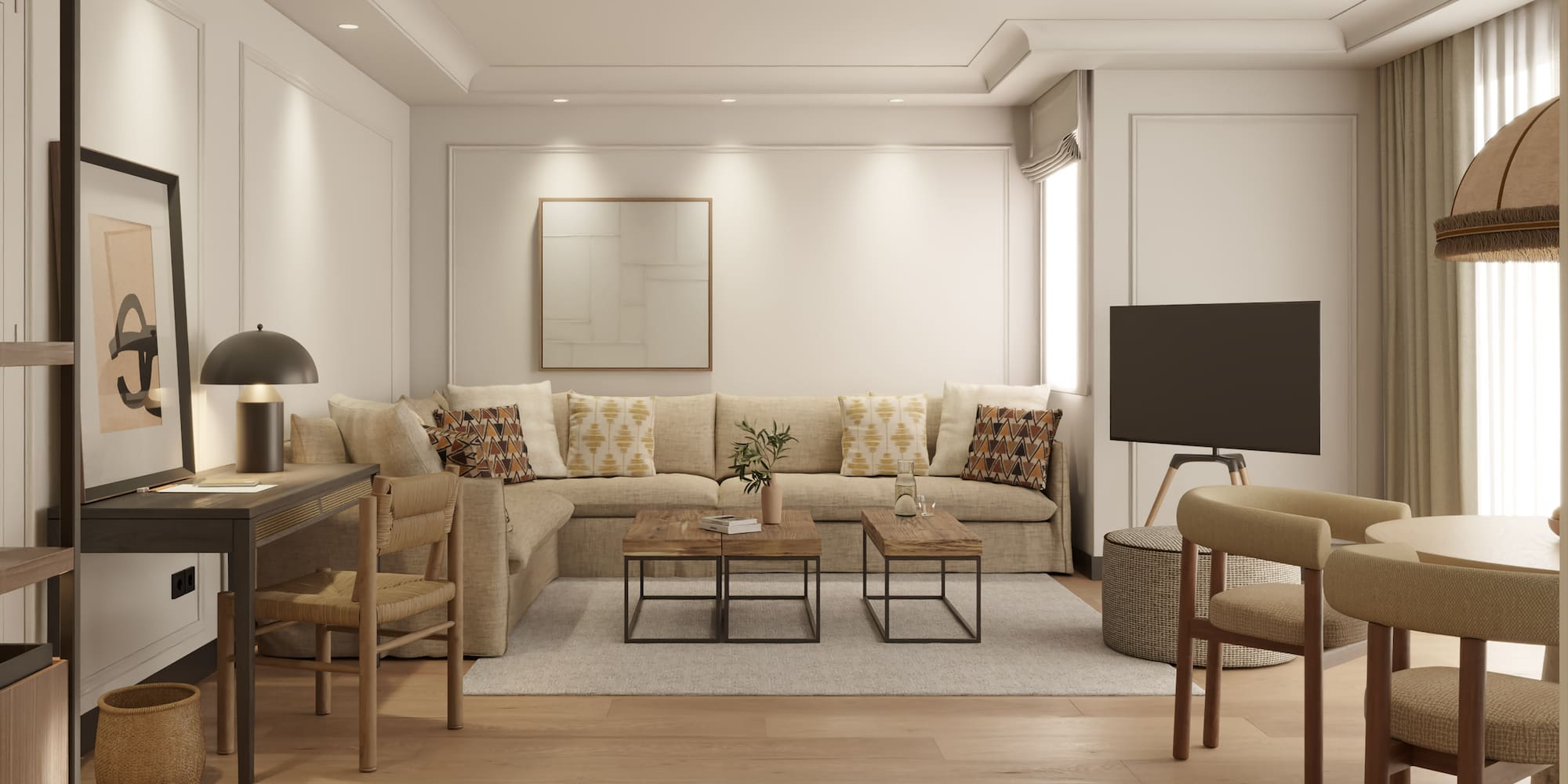 a living room with a couch and a table