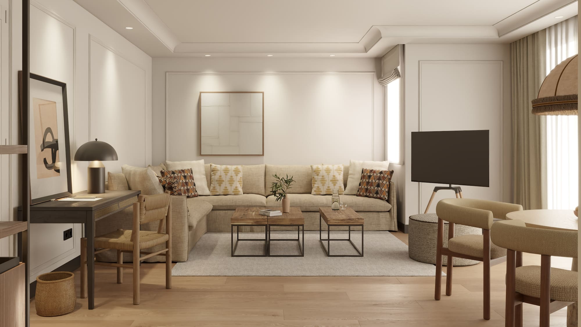 a living room with a couch and a table