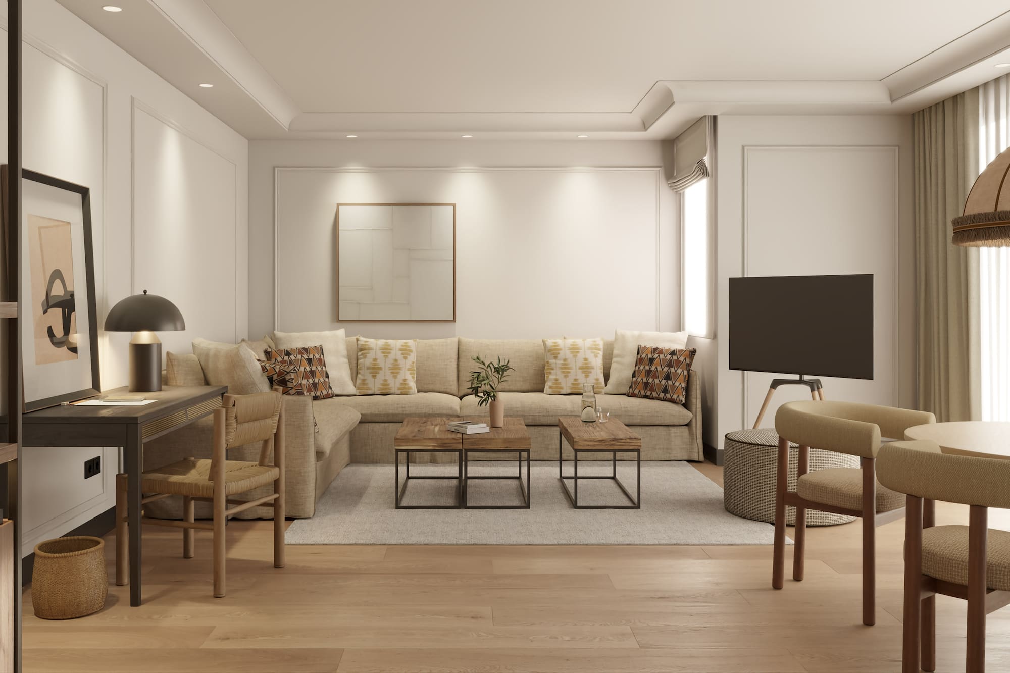 a living room with a couch and a table