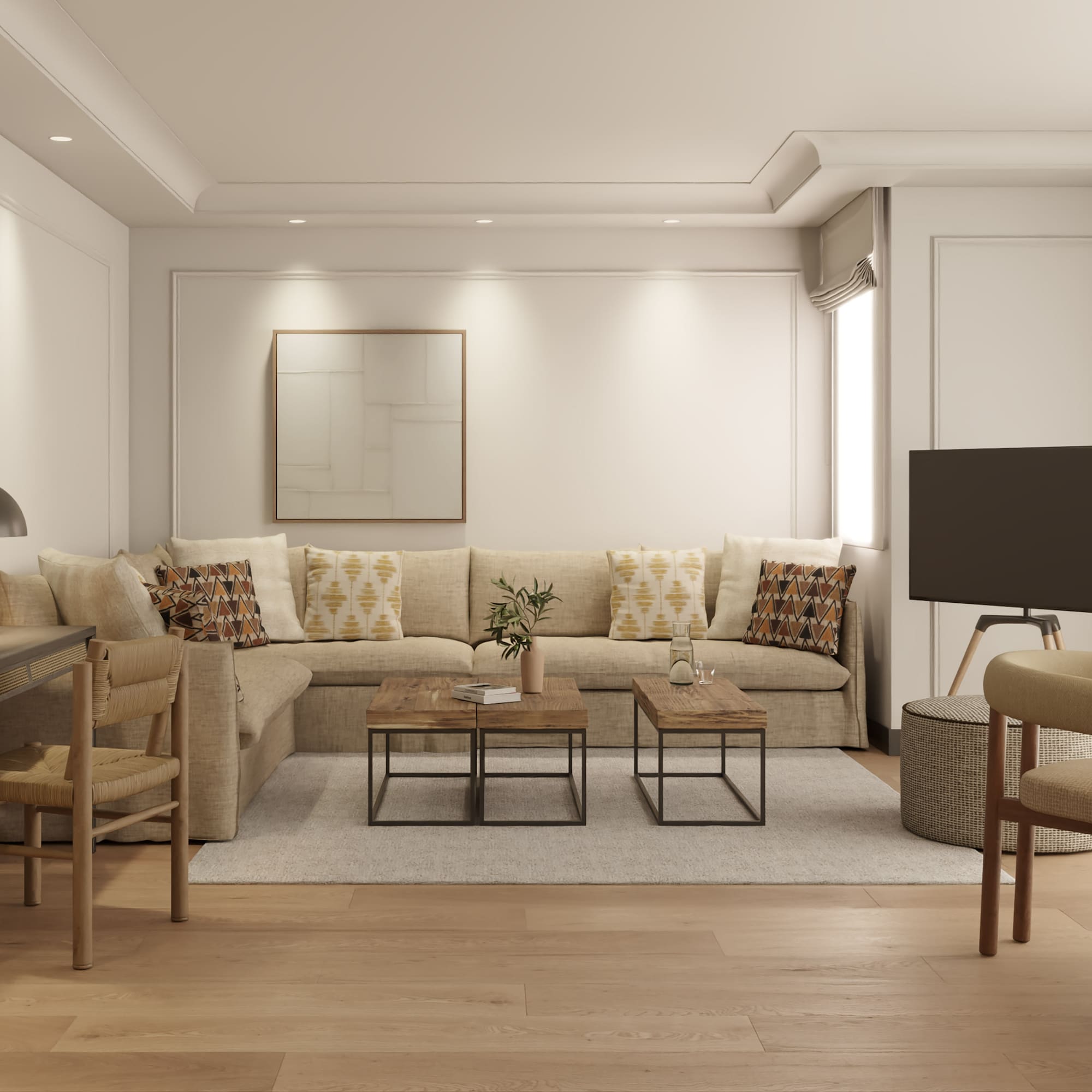 a living room with a couch and a table