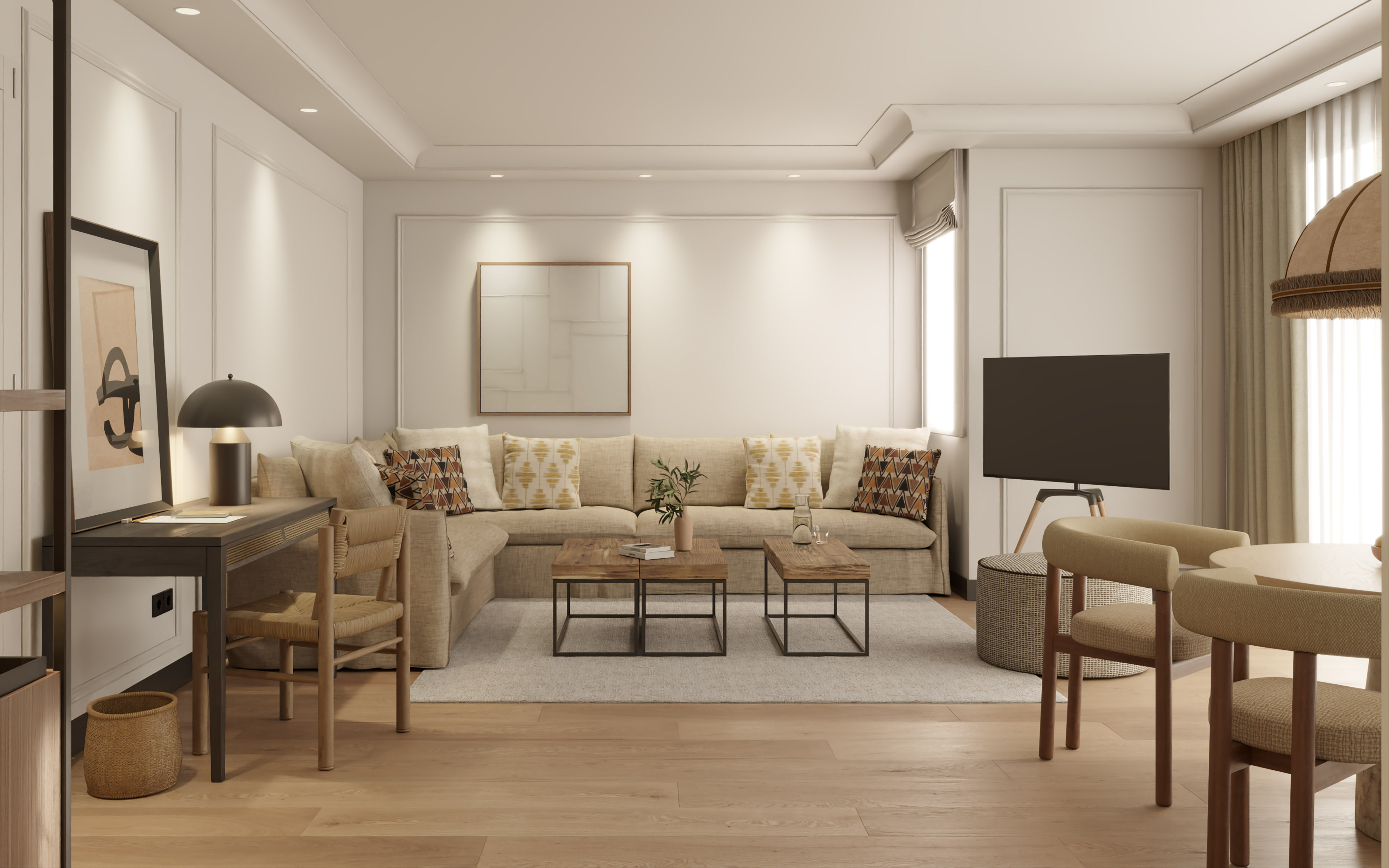 a living room with a couch and a table