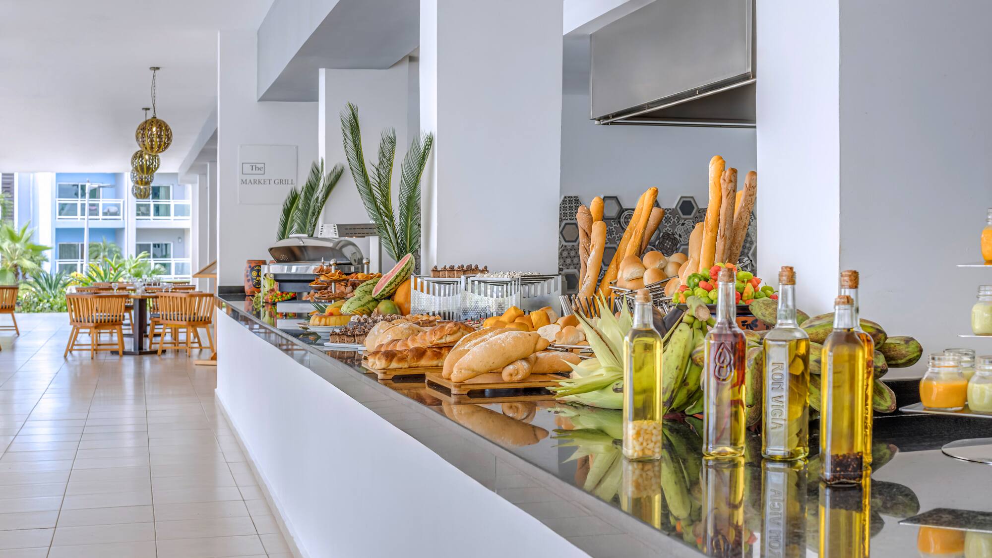 a counter with food on it