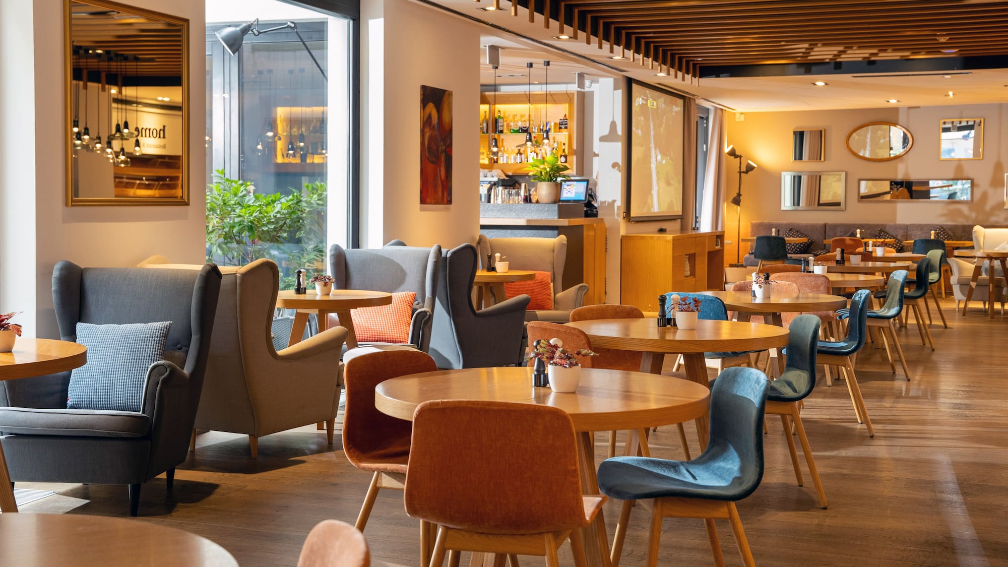 a room with tables and chairs