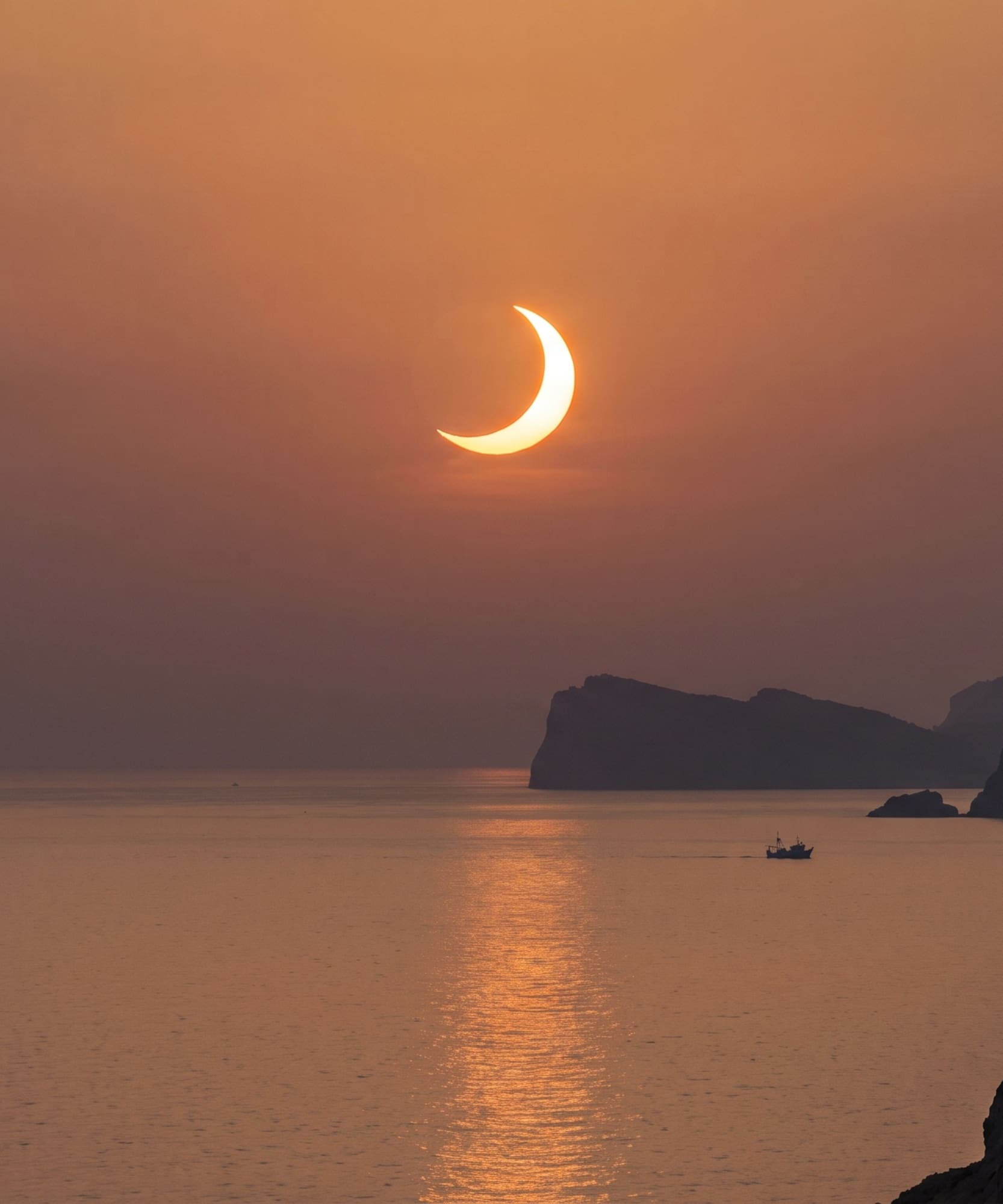 Crescent sun solar eclipse over ocean, silhouetted mountains and boat.