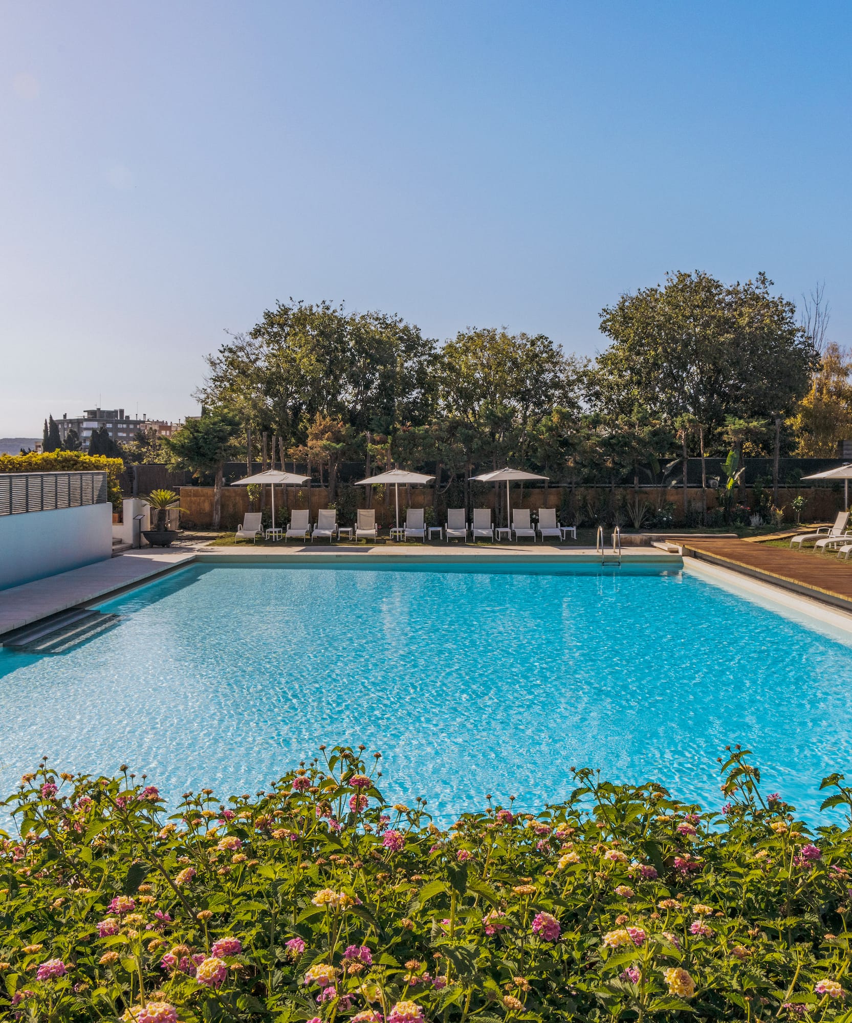 a pool with chairs and umbrellas