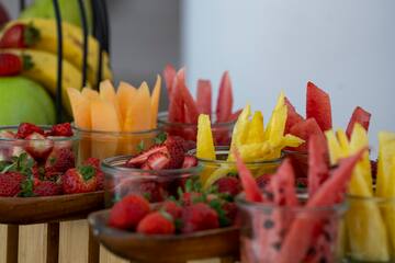 a group of bowls of fruit