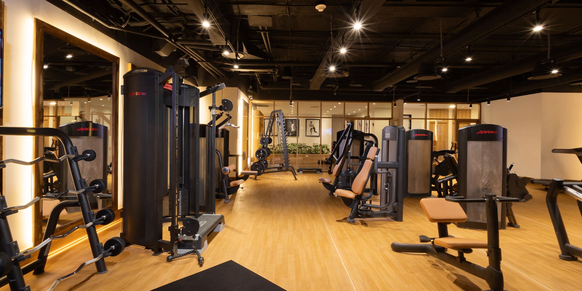 Modern gym with diverse fitness equipment and light wood floor.