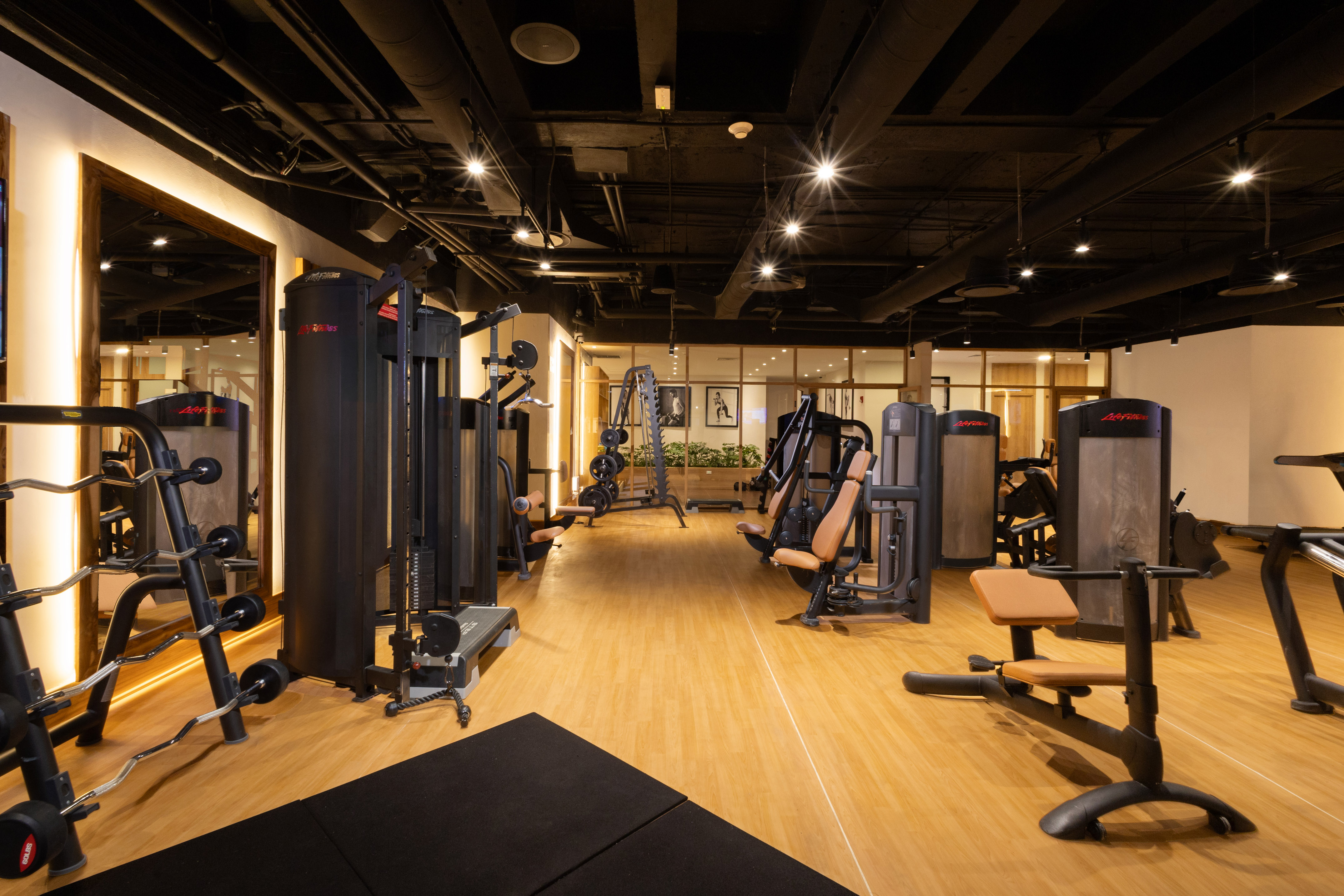 Modern gym with diverse fitness equipment and light wood floor.