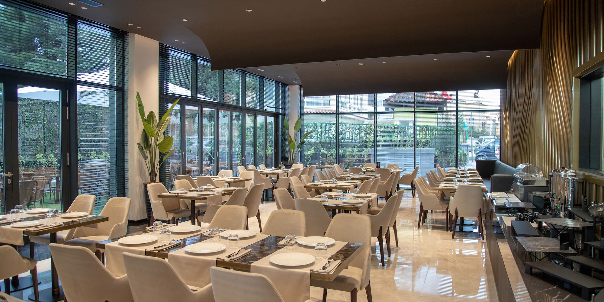 a room with tables and chairs