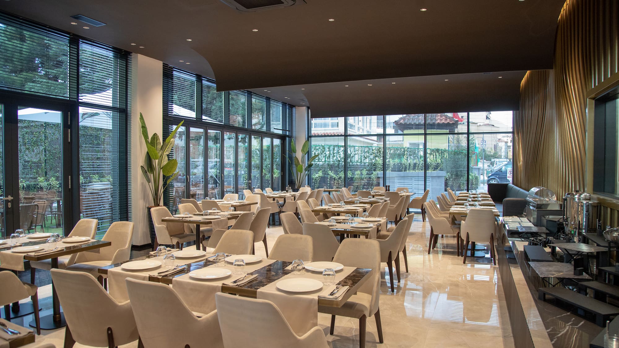 a room with tables and chairs