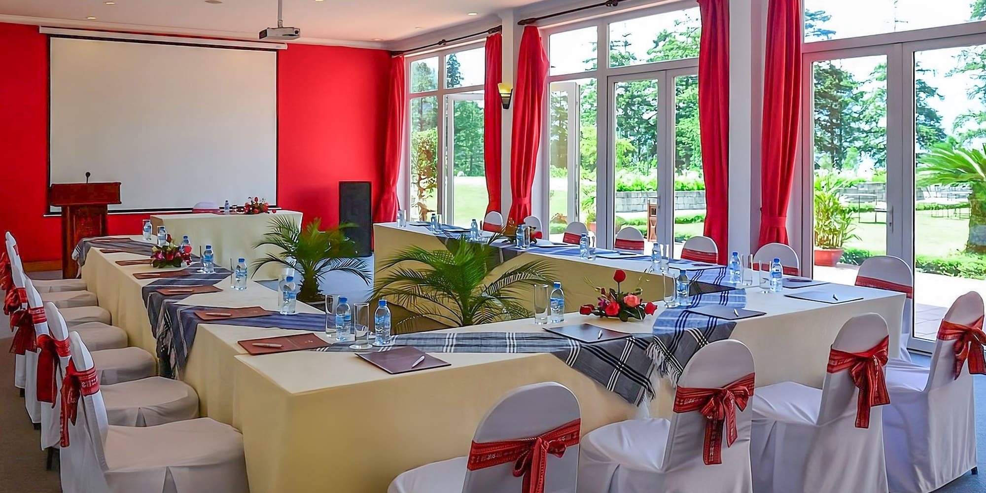 a room with tables and chairs