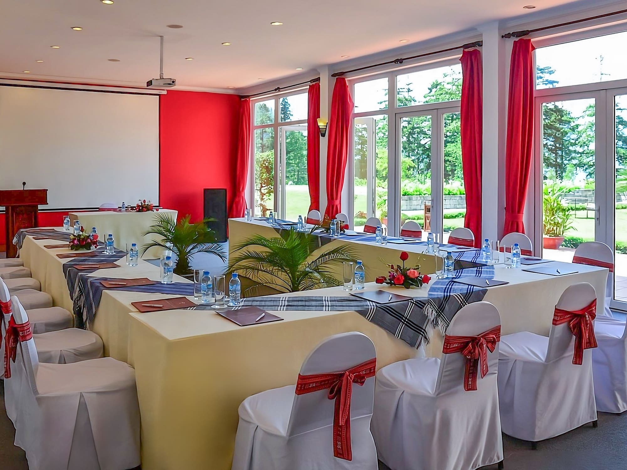 a room with tables and chairs