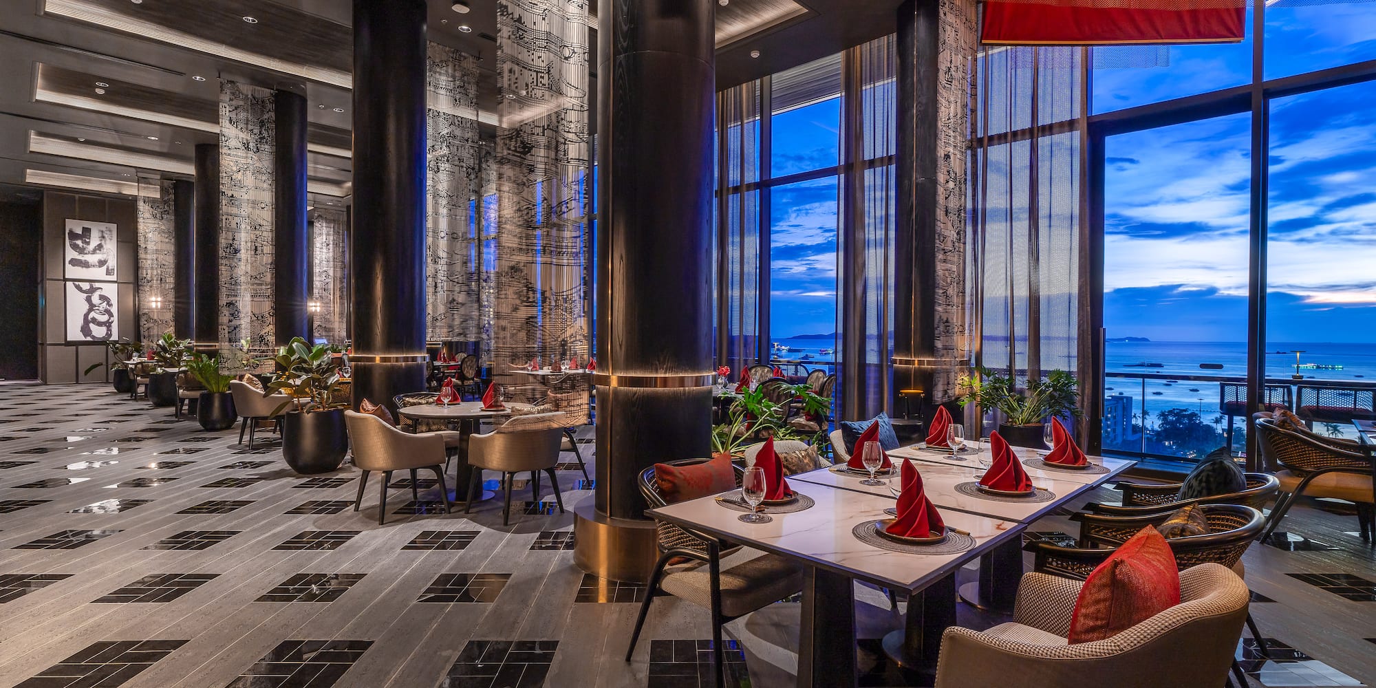 a large room with tables and chairs