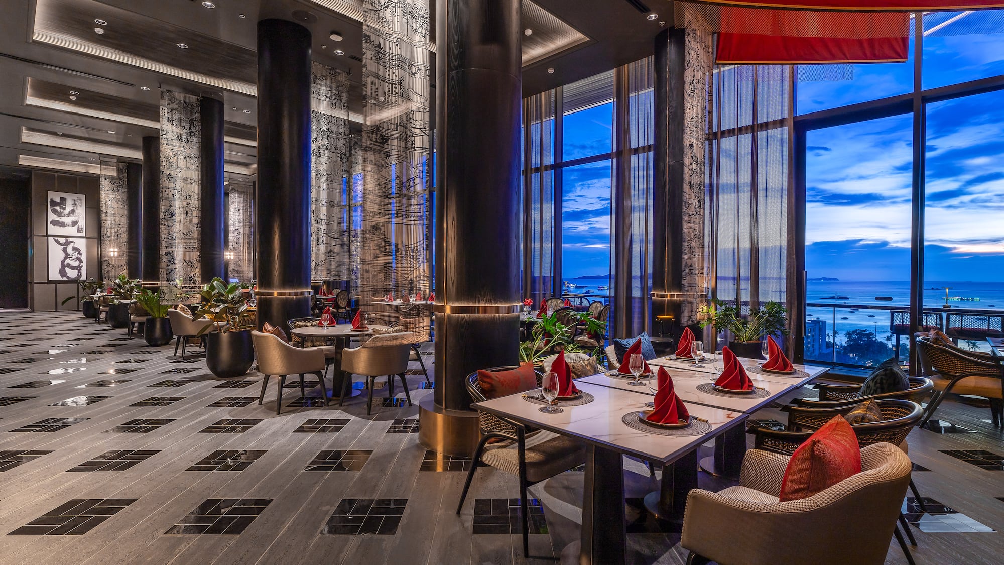 a large room with tables and chairs