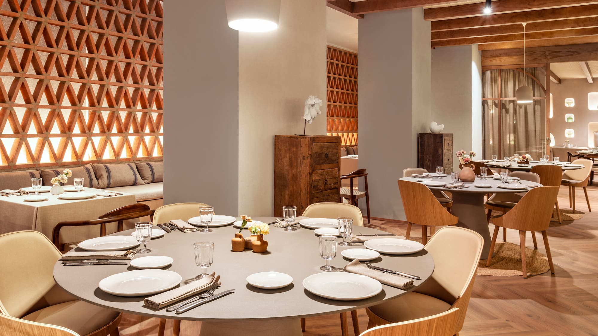 a room with tables and chairs