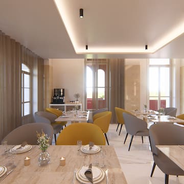 a room with tables and chairs