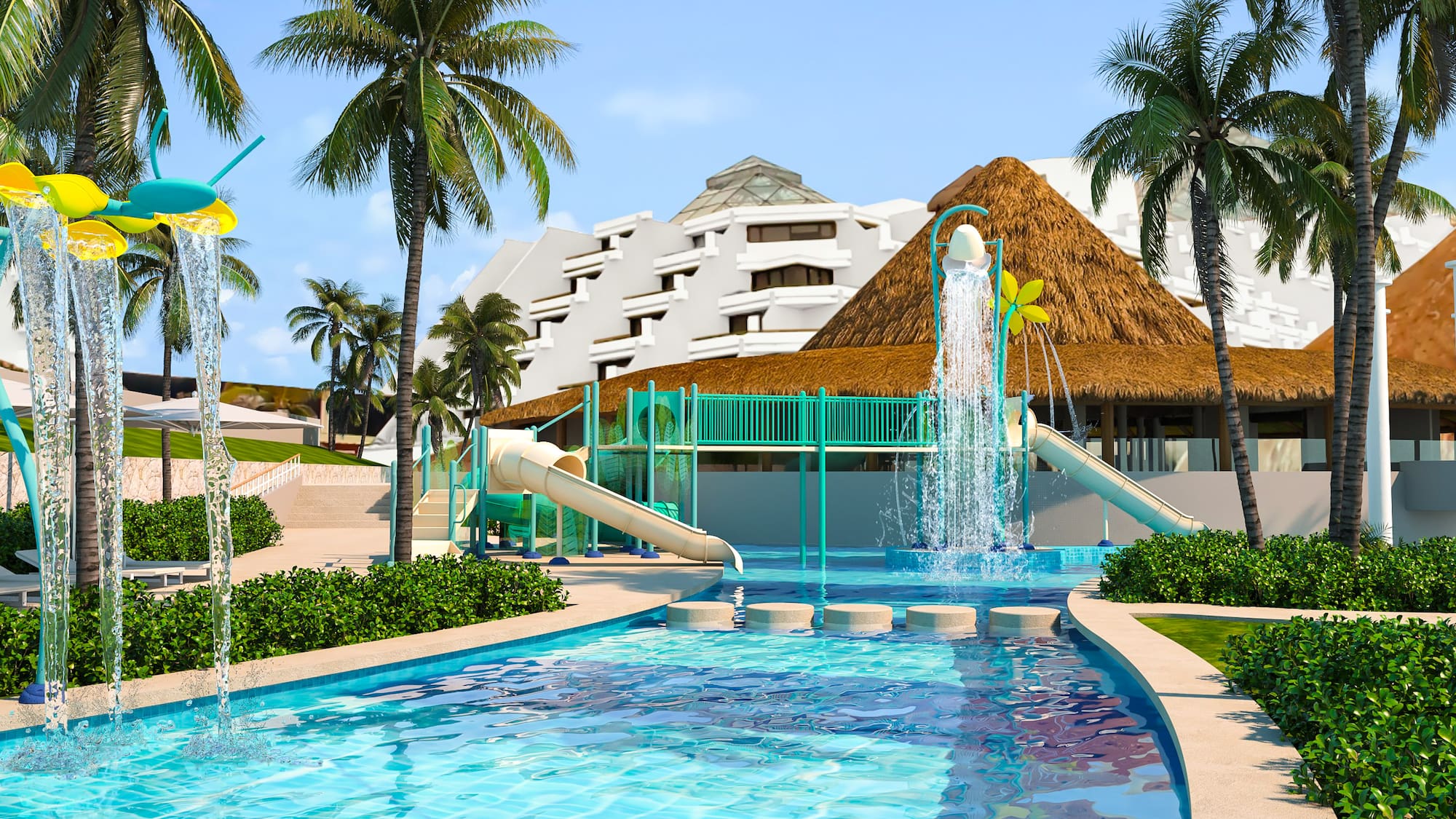 a water park with a slide and a pool