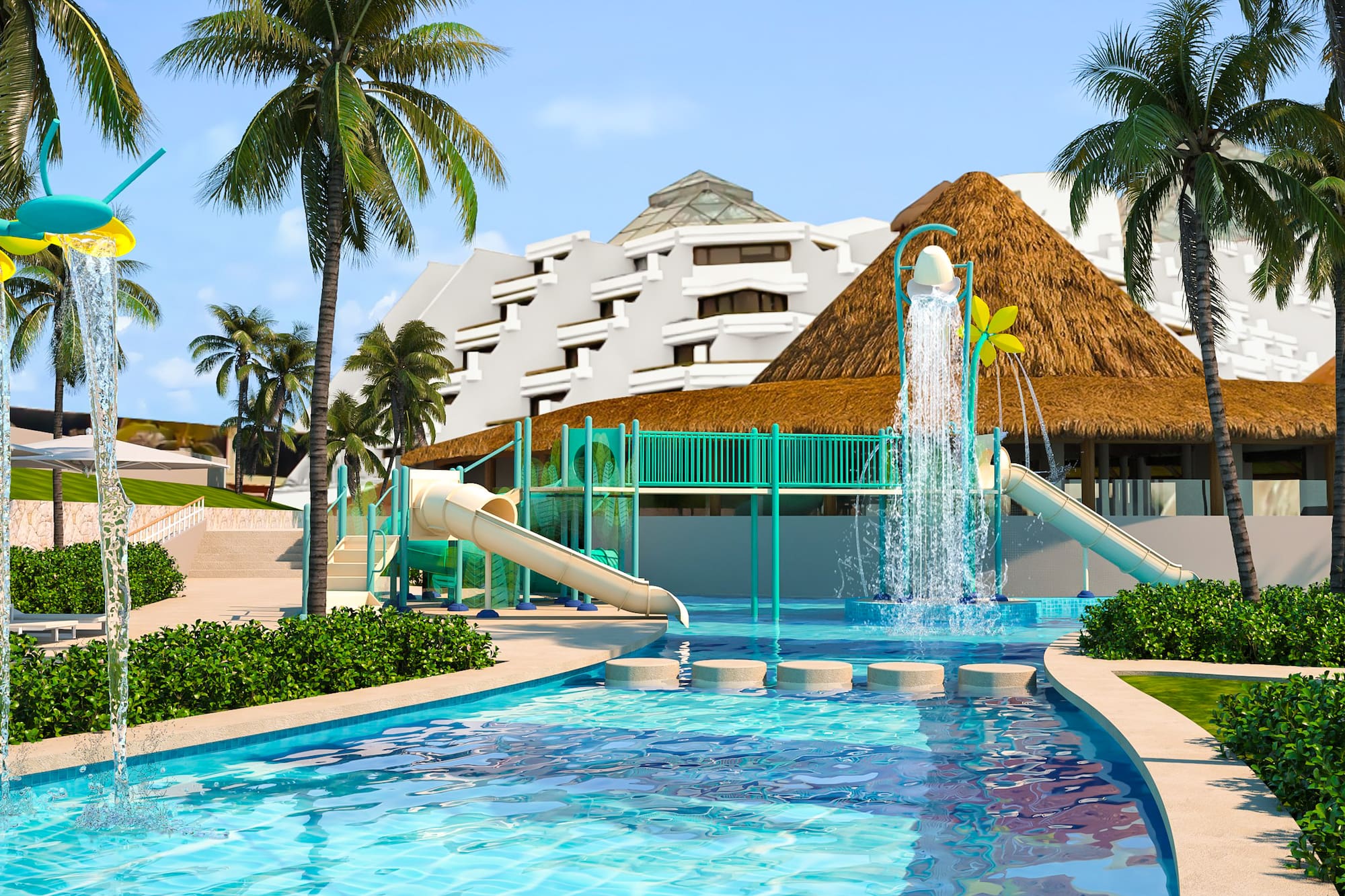 a water park with a slide and a pool