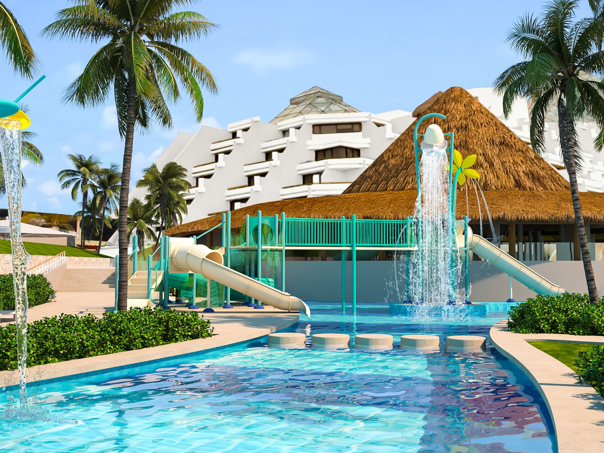 a water park with a slide and a pool